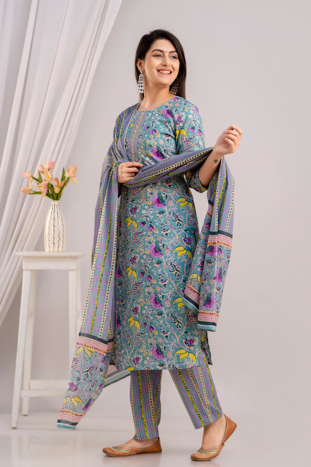 Women Cadet Blue Floral Printed Kurta with Trousers & Dupatta