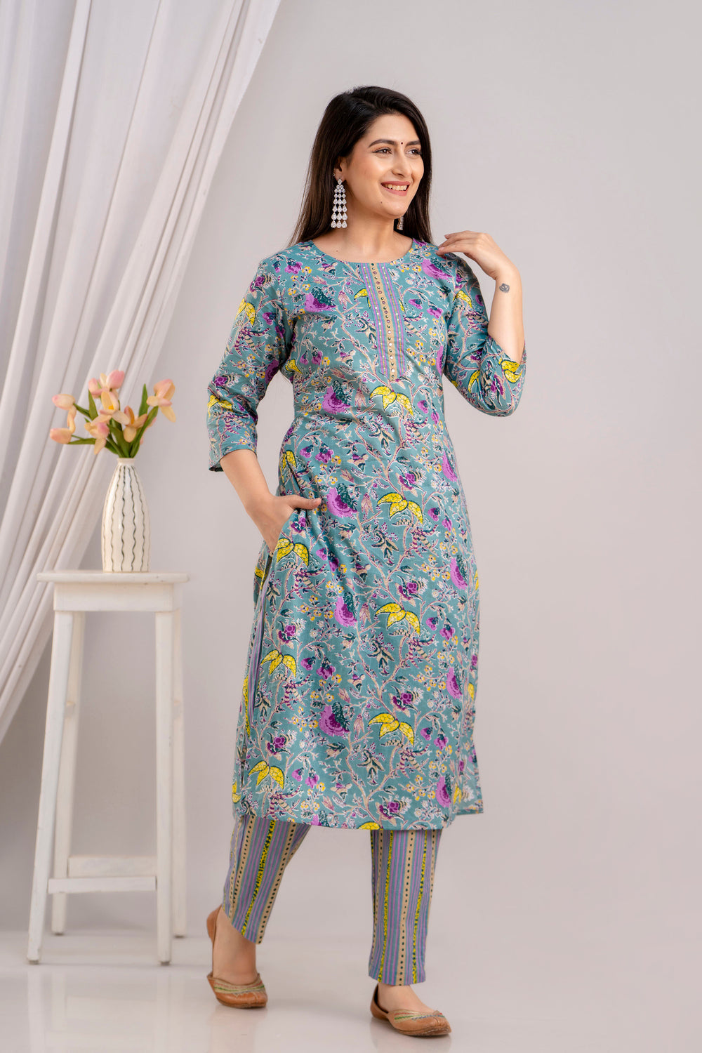 Women Cadet Blue Floral Printed Kurta with Trousers & Dupatta