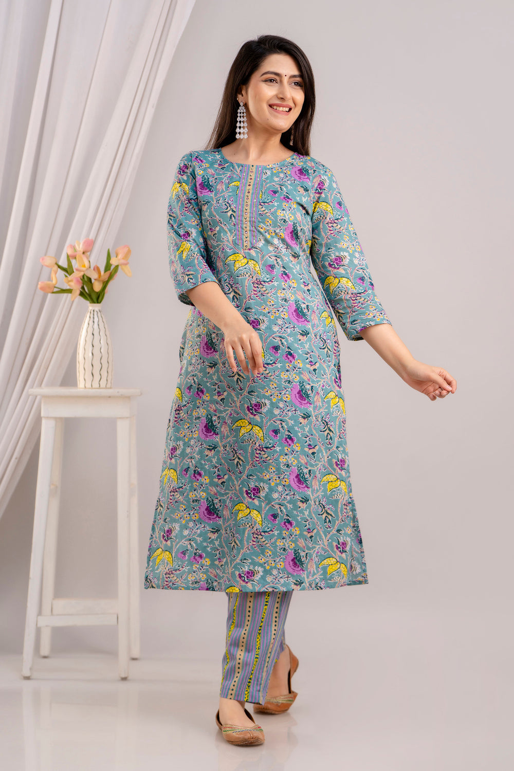 Women Cadet Blue Floral Printed Kurta with Trousers & Dupatta