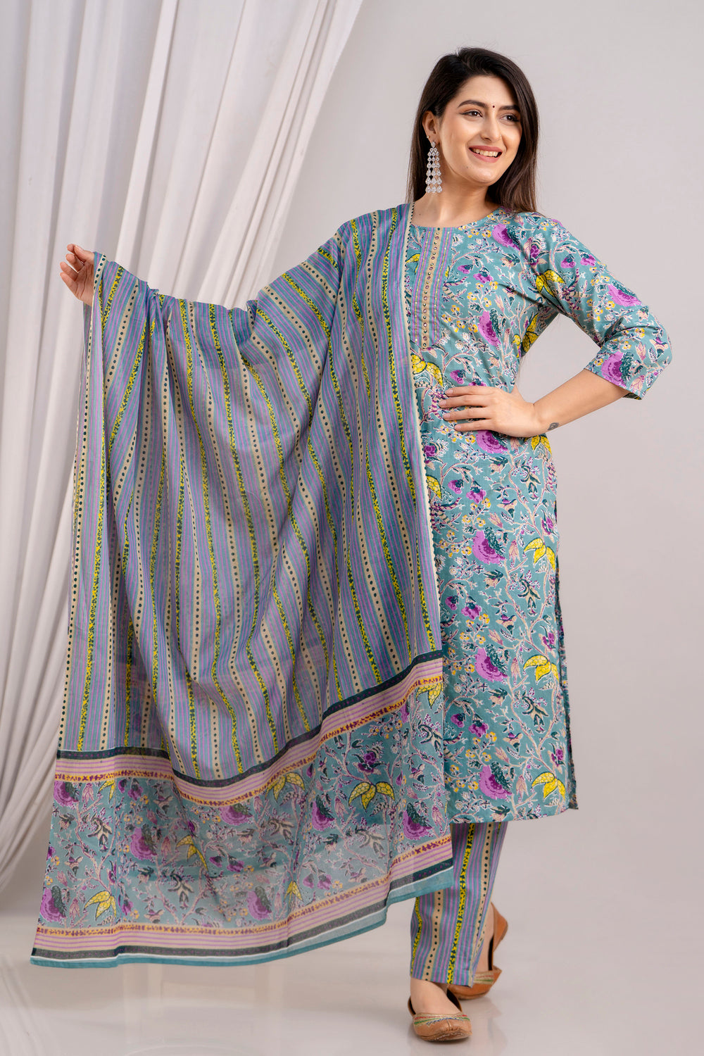 Women Cadet Blue Floral Printed Kurta with Trousers & Dupatta