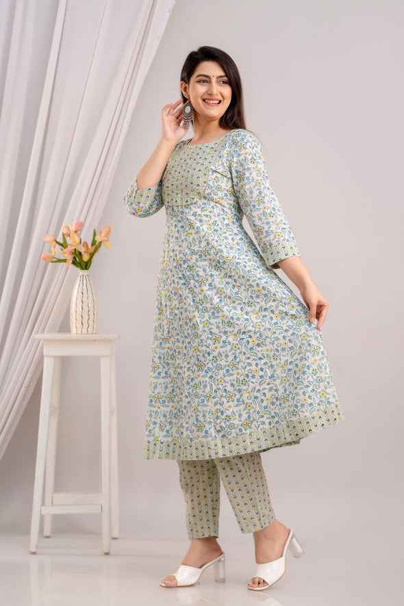 Women White & Sky Floral Printed Kurta with Trousers & Dupatta