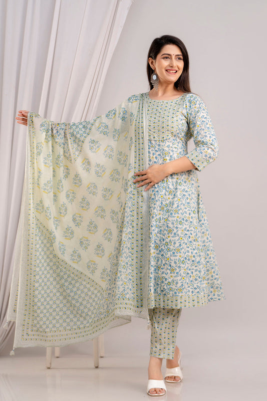 Women White & Sky Floral Printed Kurta with Trousers & Dupatta