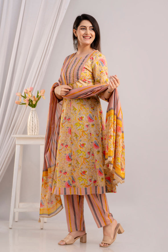 Women Fawn & Multi Floral Printed Kurta with Trousers & Dupatta