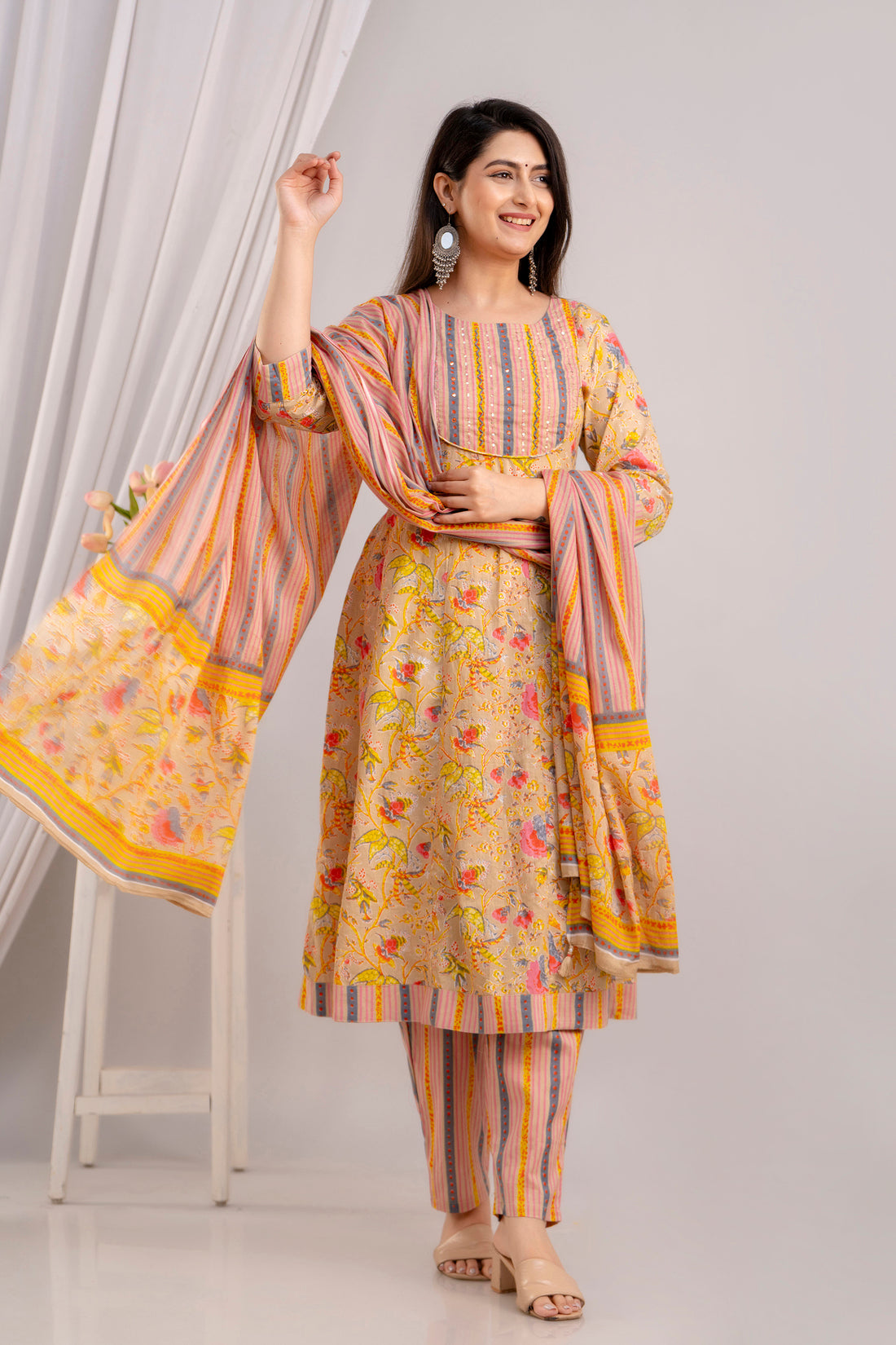 Women Fawn & Multi Floral Printed Kurta with Trousers & Dupatta