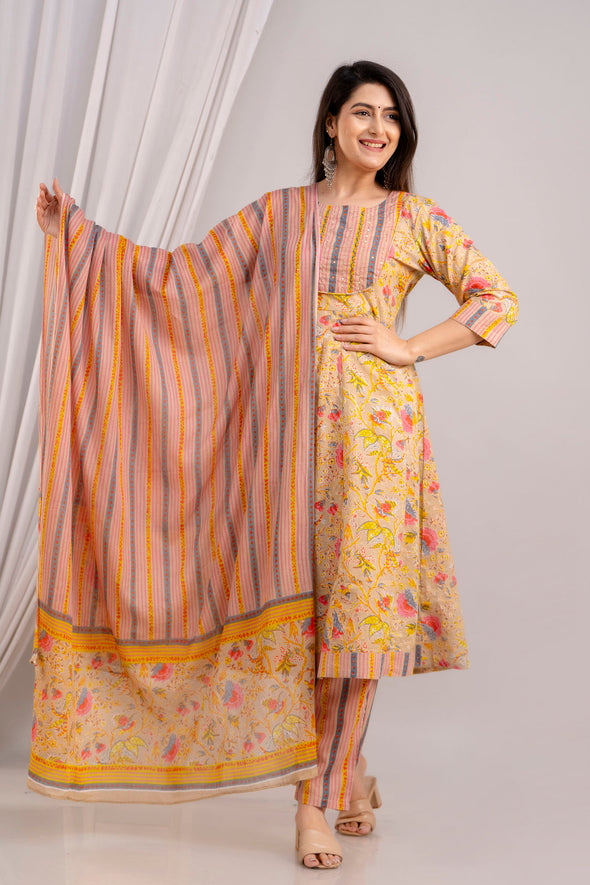 Women Fawn & Multi Floral Printed Kurta with Trousers & Dupatta