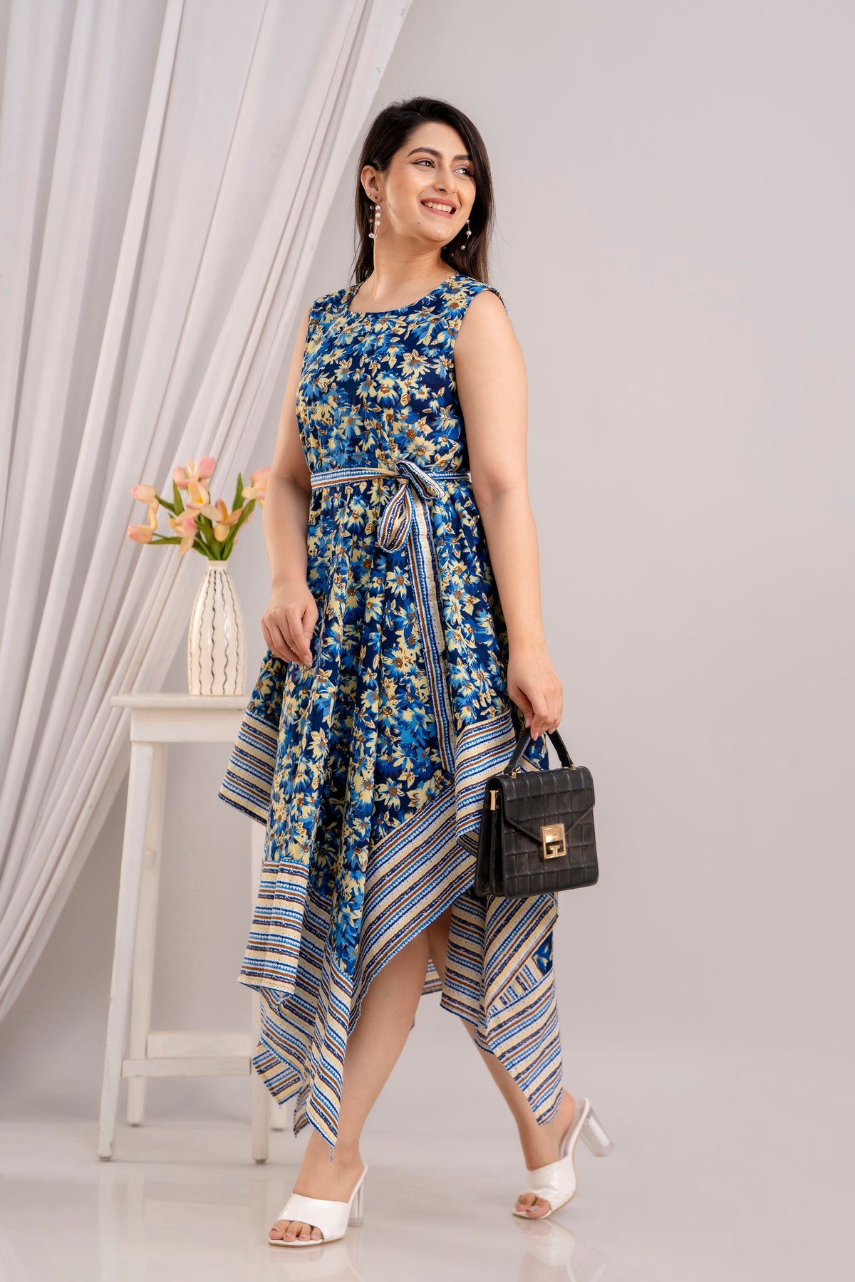 Blue Floral Printed Sleeveless Asymmetric Hem Maxi Dress