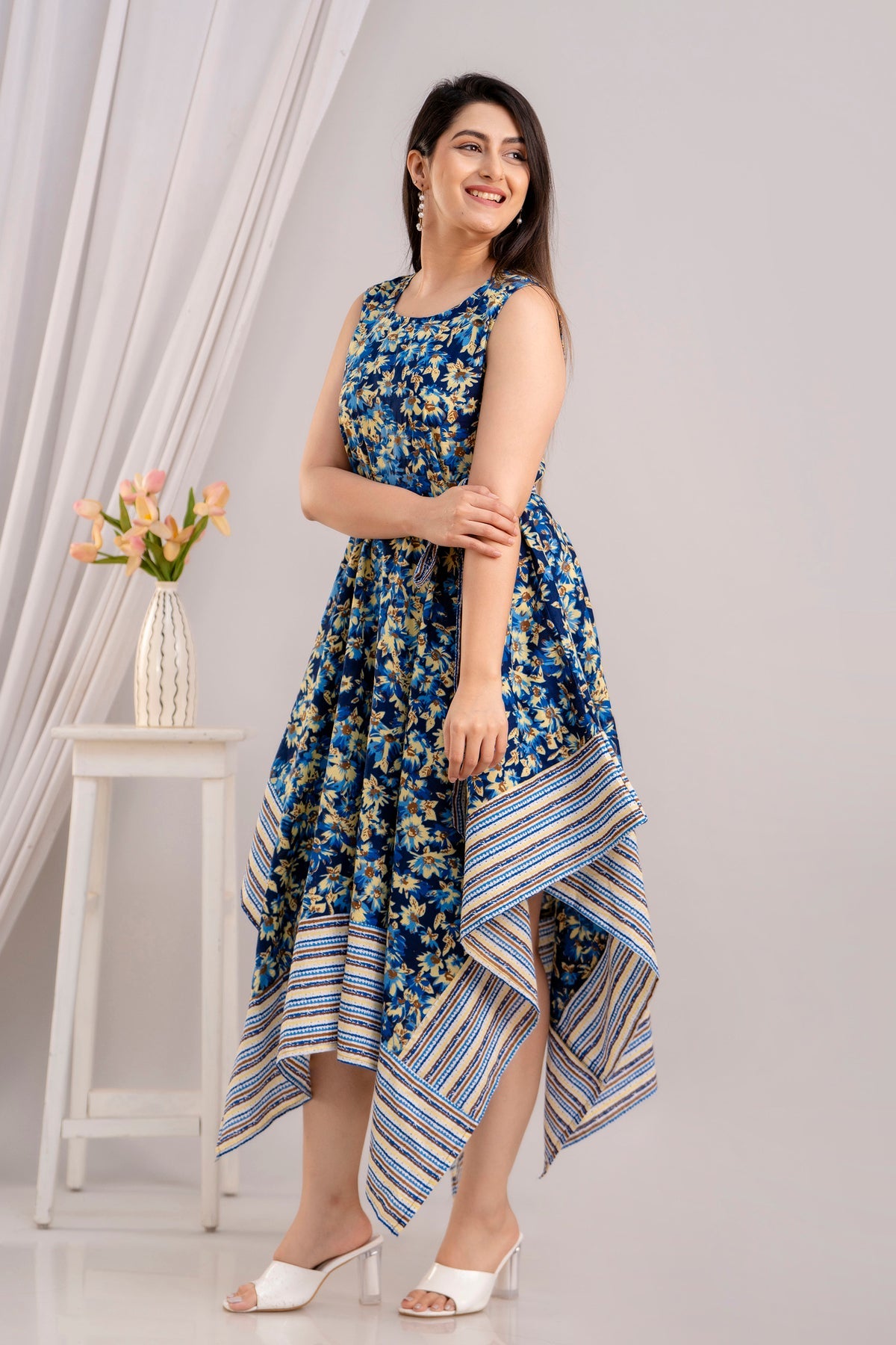 Blue Floral Printed Sleeveless Asymmetric Hem Maxi Dress