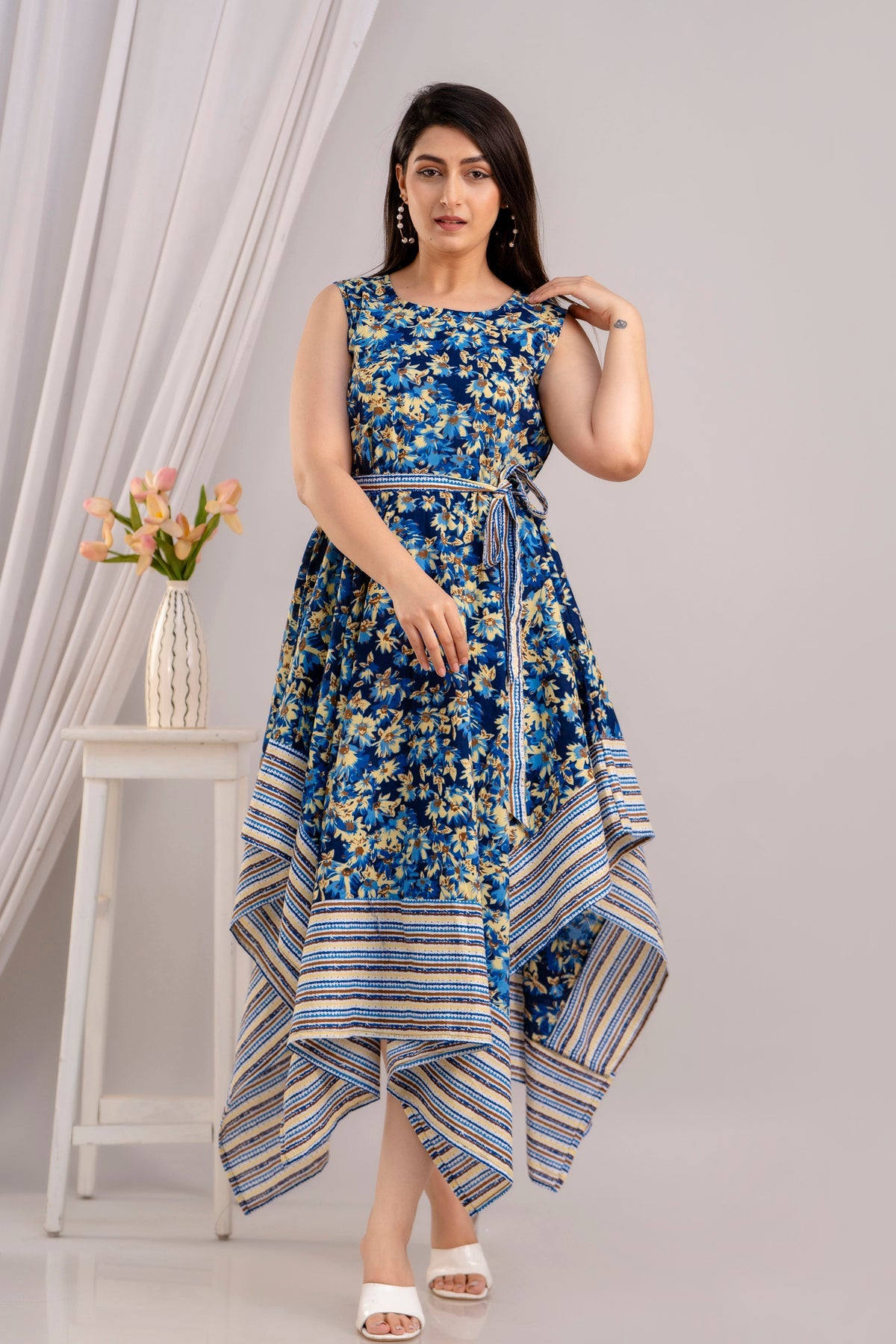 Blue Floral Printed Sleeveless Asymmetric Hem Maxi Dress