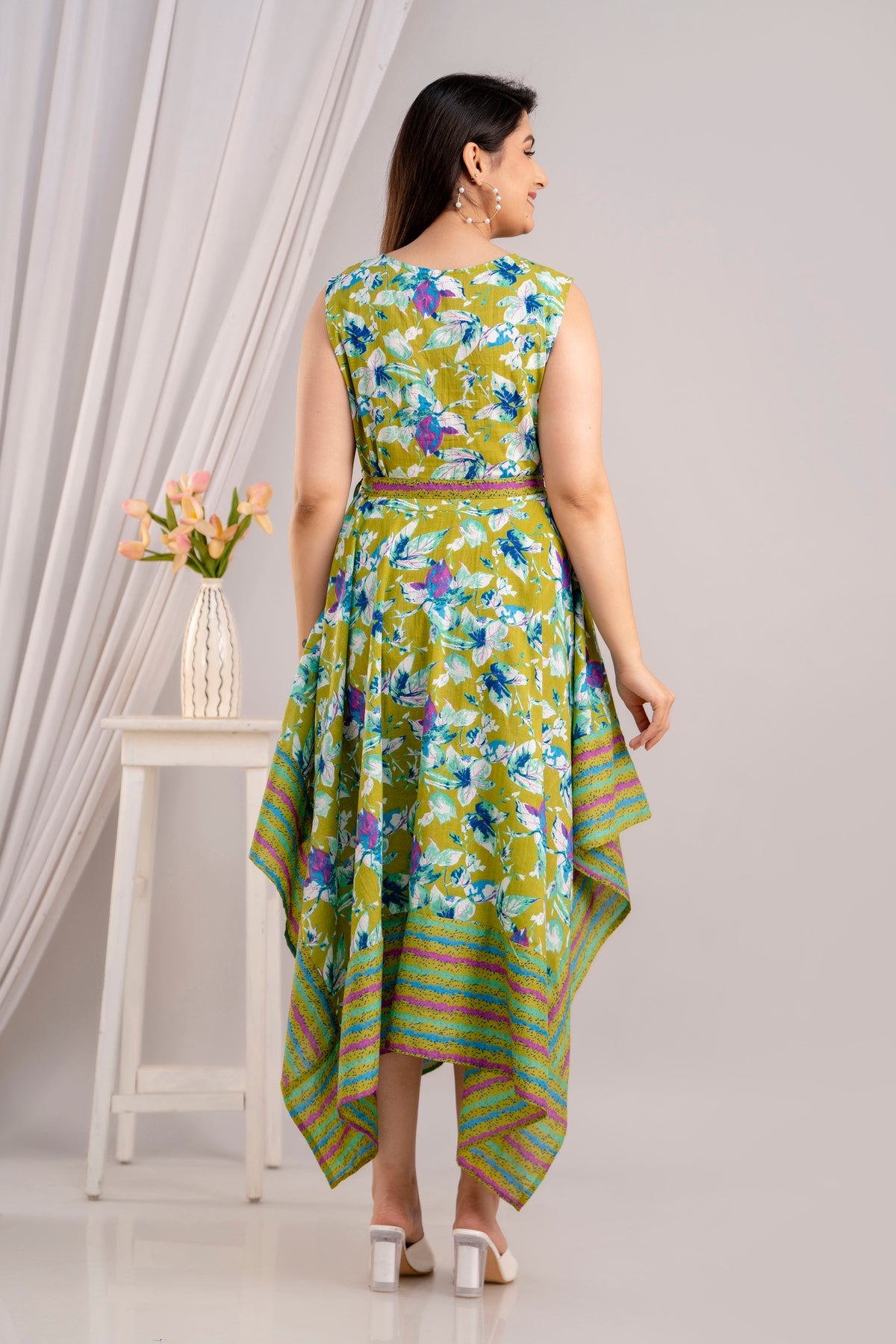 Chartreuse Floral Printed Sleeveless Asymmetric Hem Maxi Dress