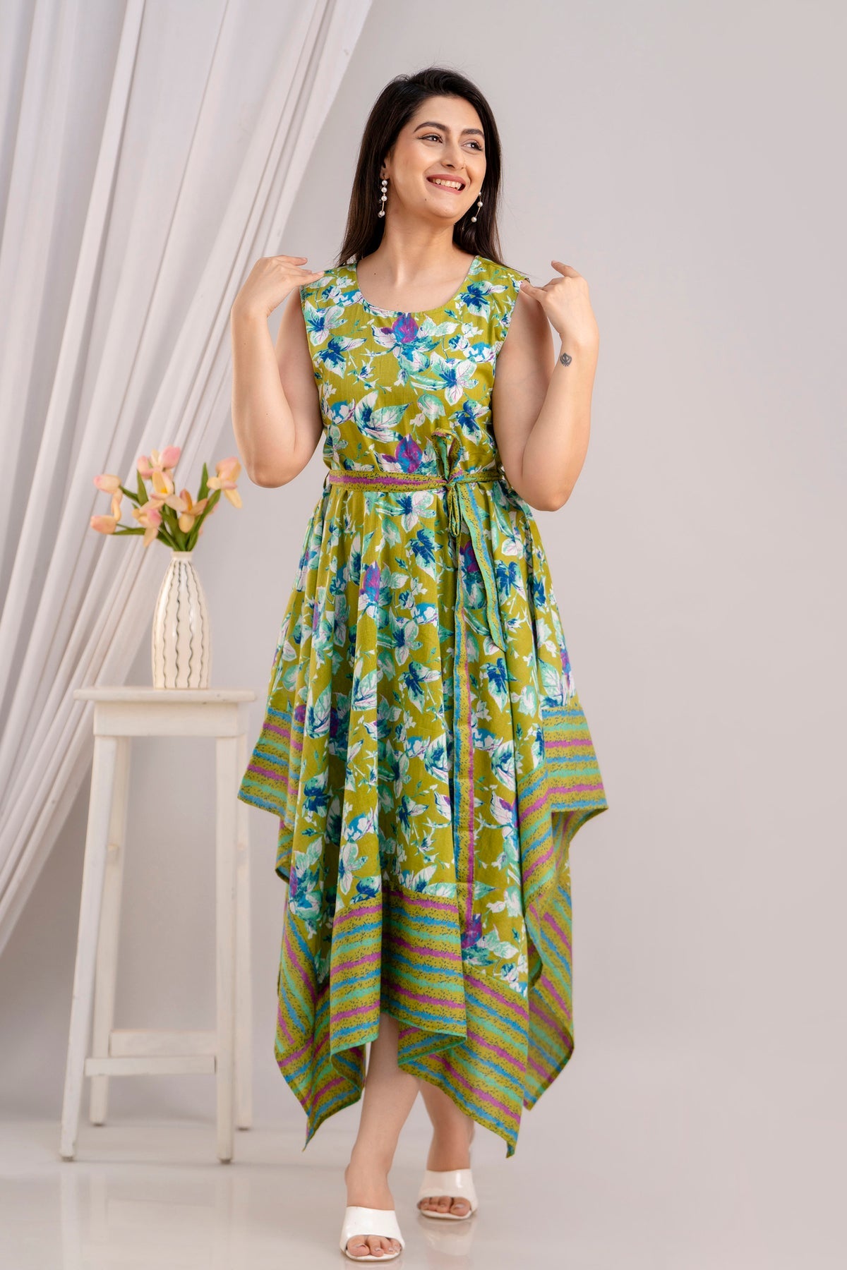 Chartreuse Floral Printed Sleeveless Asymmetric Hem Maxi Dress