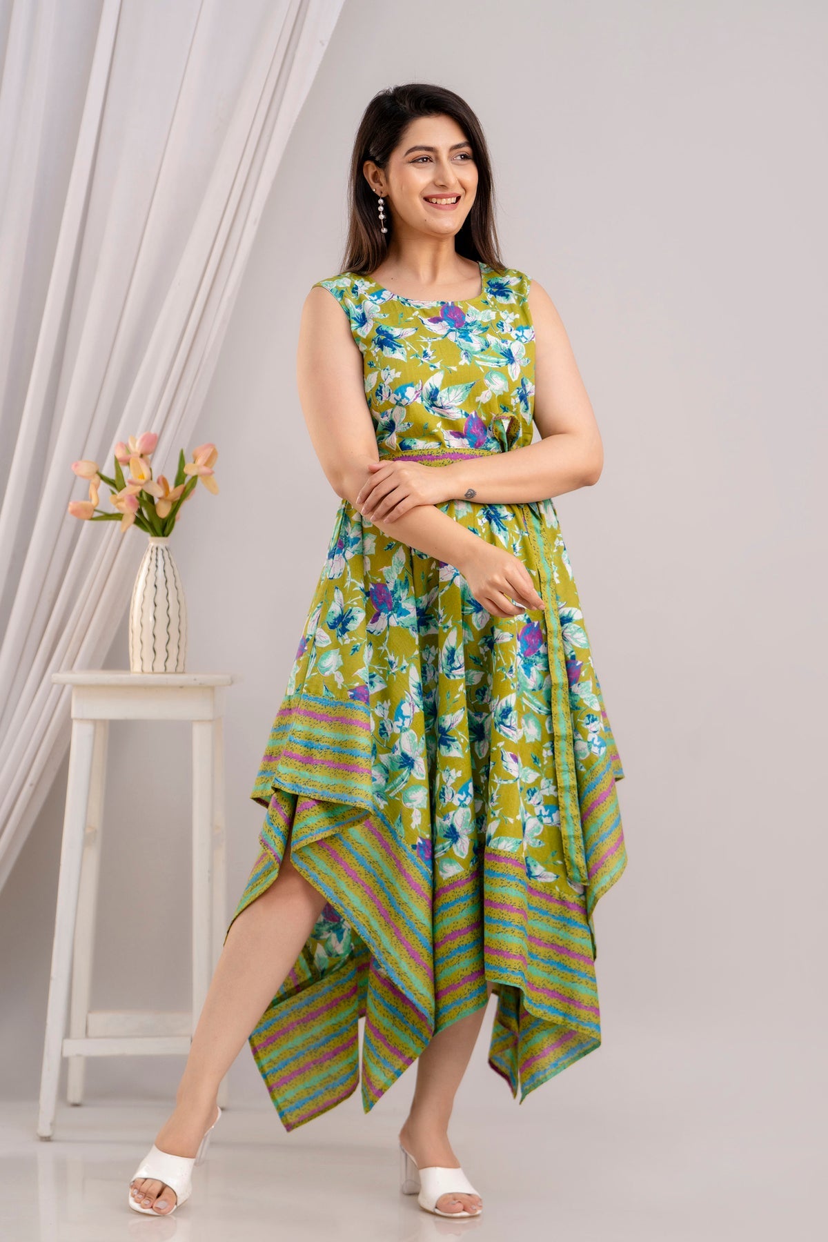 Chartreuse Floral Printed Sleeveless Asymmetric Hem Maxi Dress