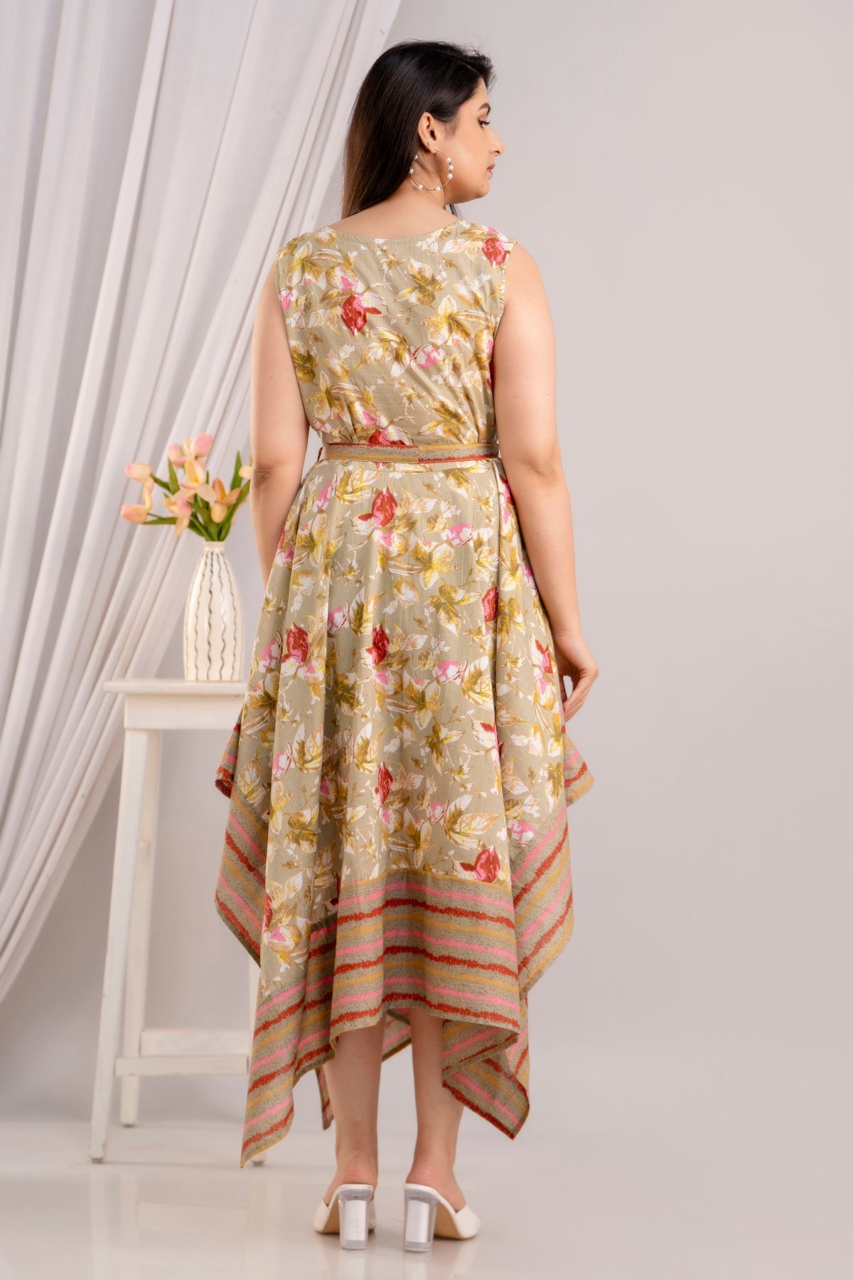 Tortilla Brown Floral Printed Sleeveless Asymmetric Hem Maxi Dress