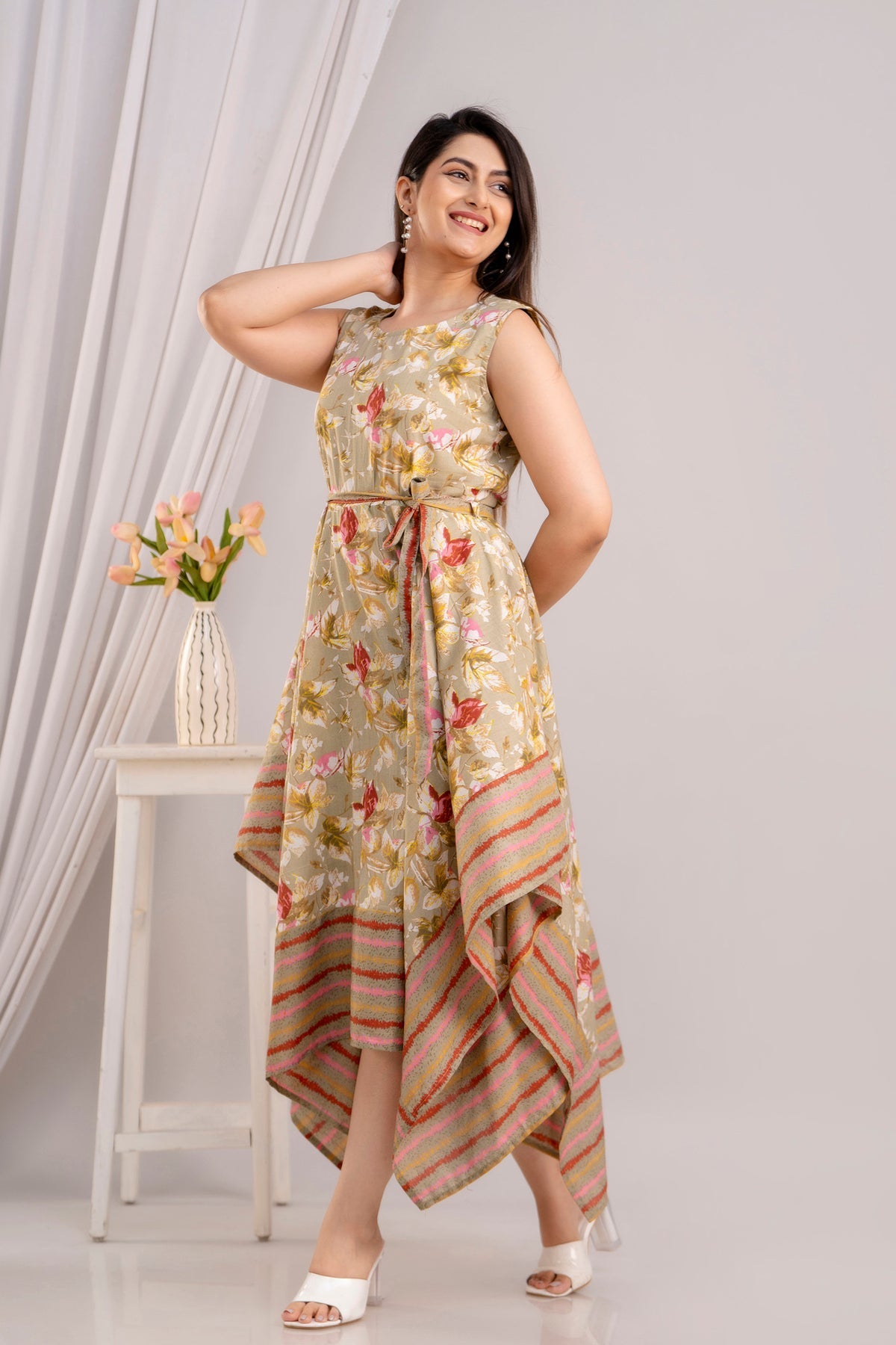 Tortilla Brown Floral Printed Sleeveless Asymmetric Hem Maxi Dress