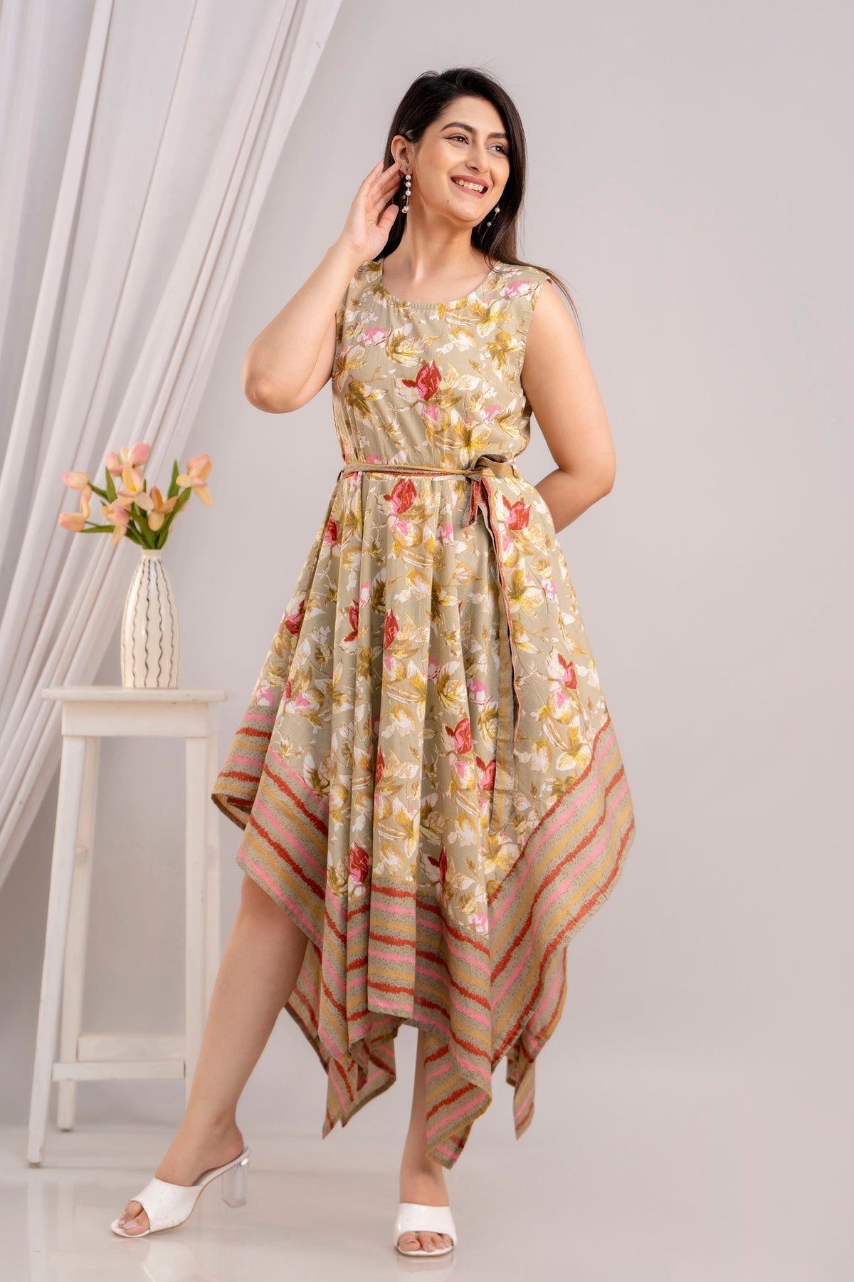 Tortilla Brown Floral Printed Sleeveless Asymmetric Hem Maxi Dress