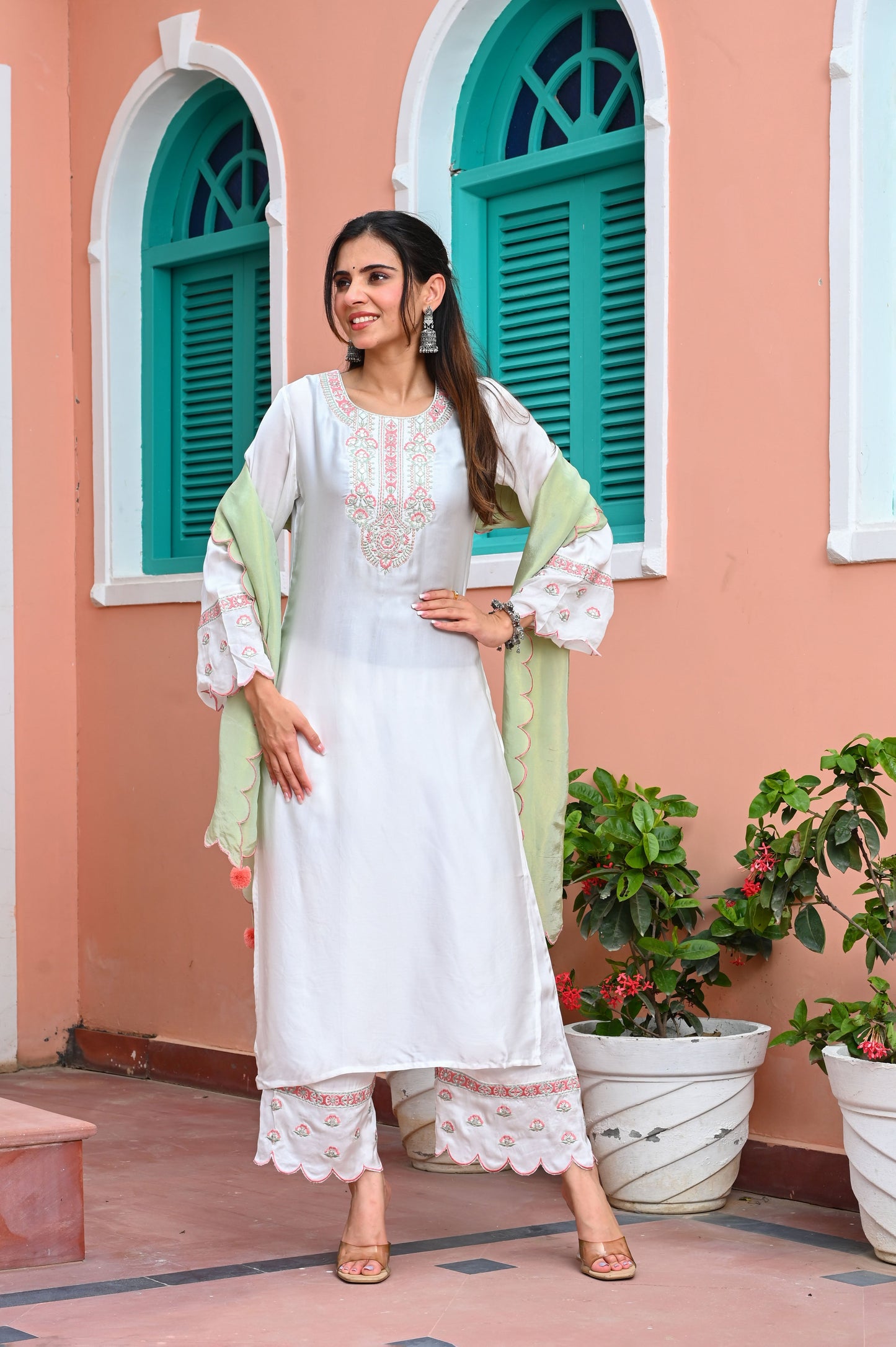 White & Pink Floral Embroidered Muslin Kurta with Trousers & Dupatta