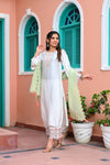 White & Pink Floral Embroidered Muslin Kurta with Trousers & Dupatta