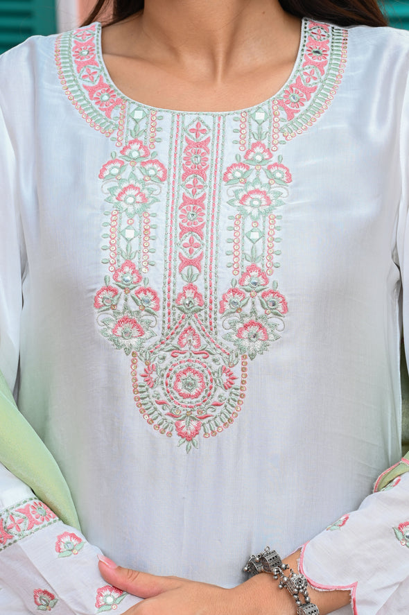 White & Pink Floral Embroidered Muslin Kurta with Trousers & Dupatta