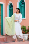 White & Pink Floral Embroidered Muslin Kurta with Trousers & Dupatta