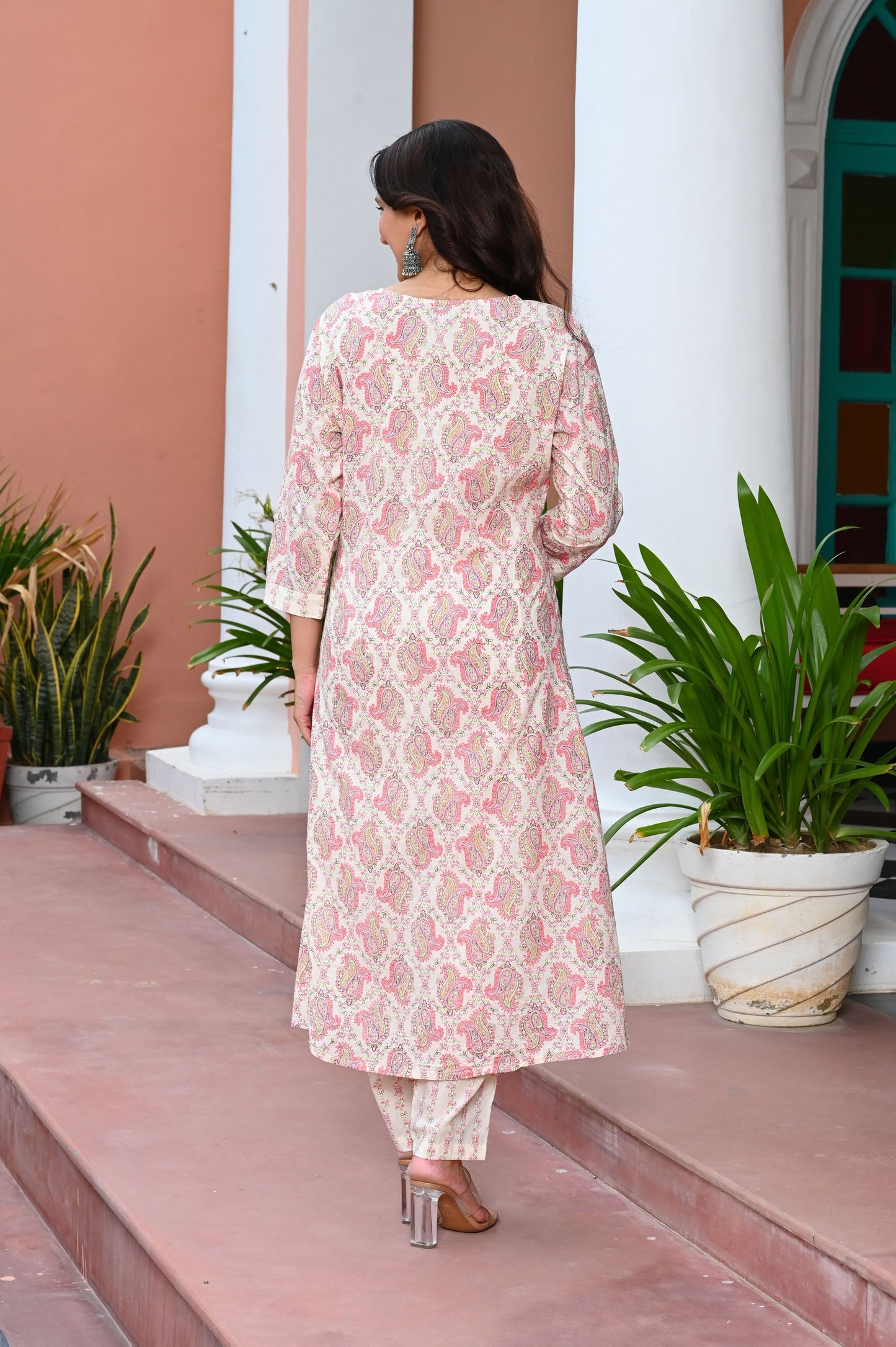 Taffy Pink Paisley Printed Mirror Work Pure Cotton Kurta with Trousers & Dupatta