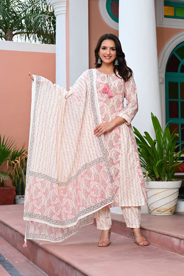 Taffy Pink Paisley Printed Mirror Work Pure Cotton Kurta with Trousers & Dupatta