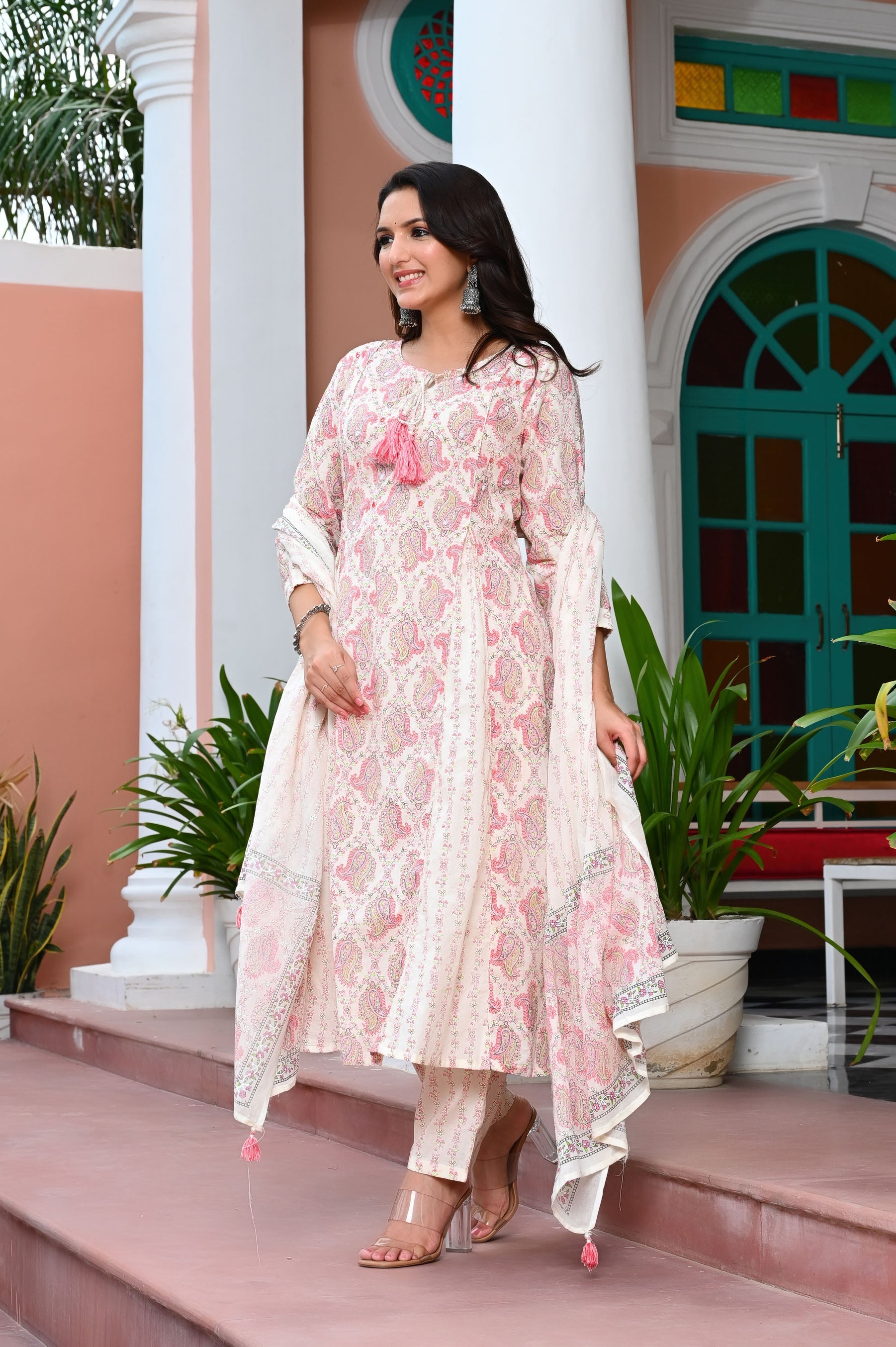 Taffy Pink Paisley Printed Mirror Work Pure Cotton Kurta with Trousers & Dupatta