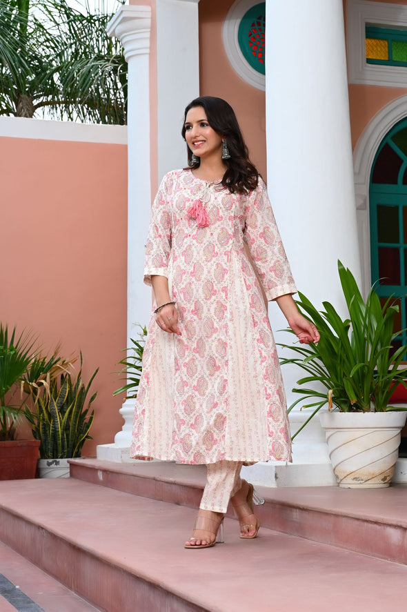 Taffy Pink Paisley Printed Mirror Work Pure Cotton Kurta with Trousers & Dupatta