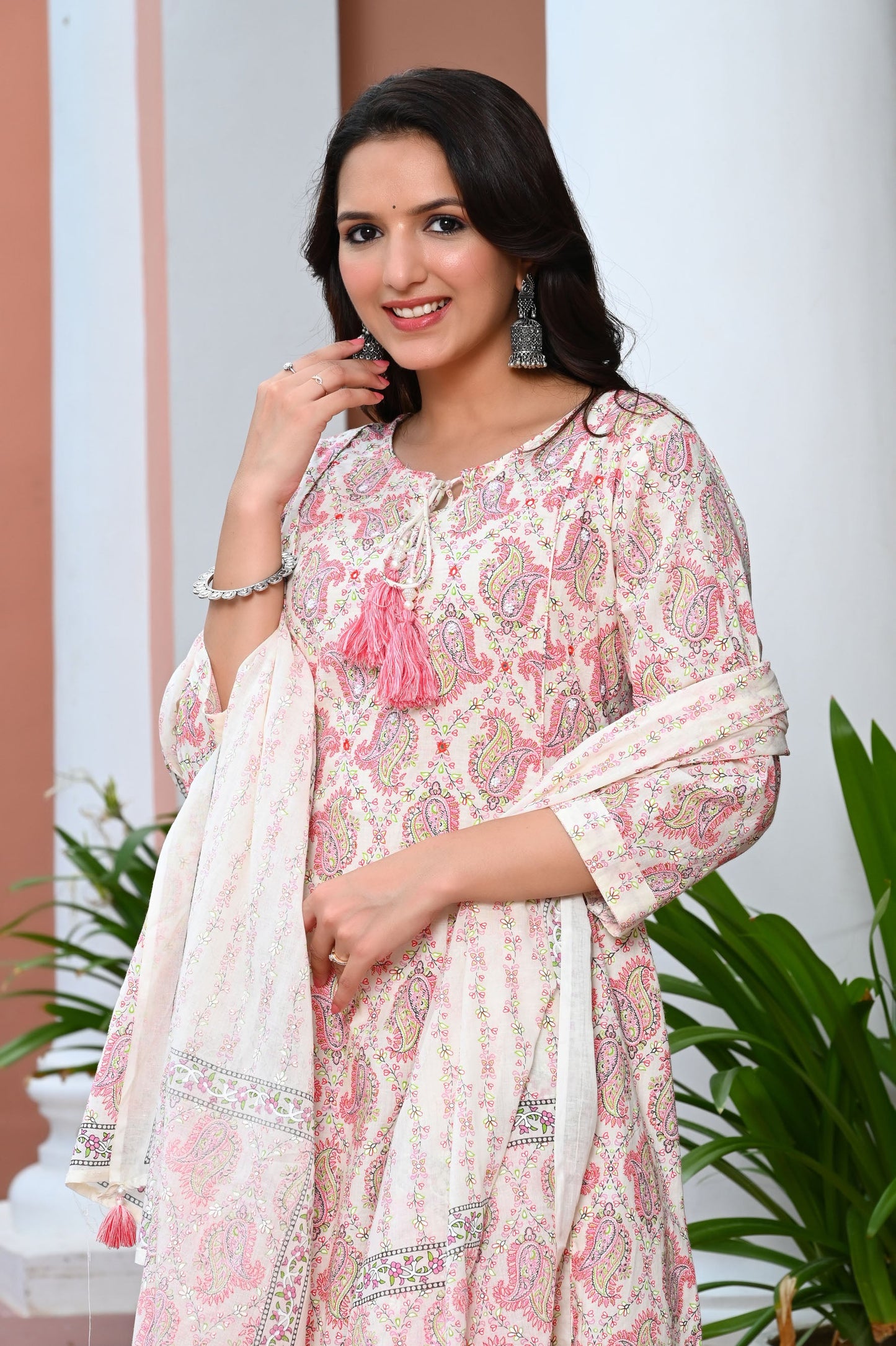 Taffy Pink Paisley Printed Mirror Work Pure Cotton Kurta with Trousers & Dupatta