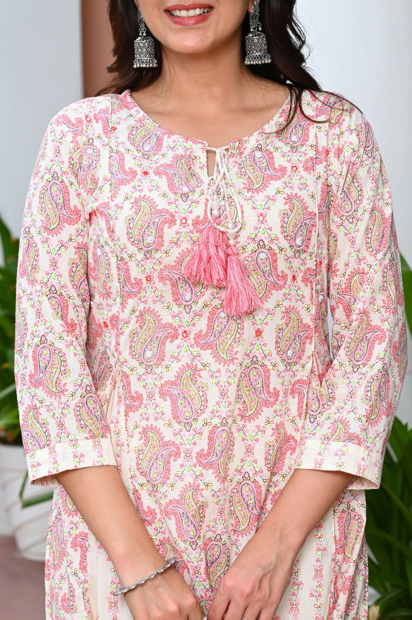 Taffy Pink Paisley Printed Mirror Work Pure Cotton Kurta with Trousers & Dupatta