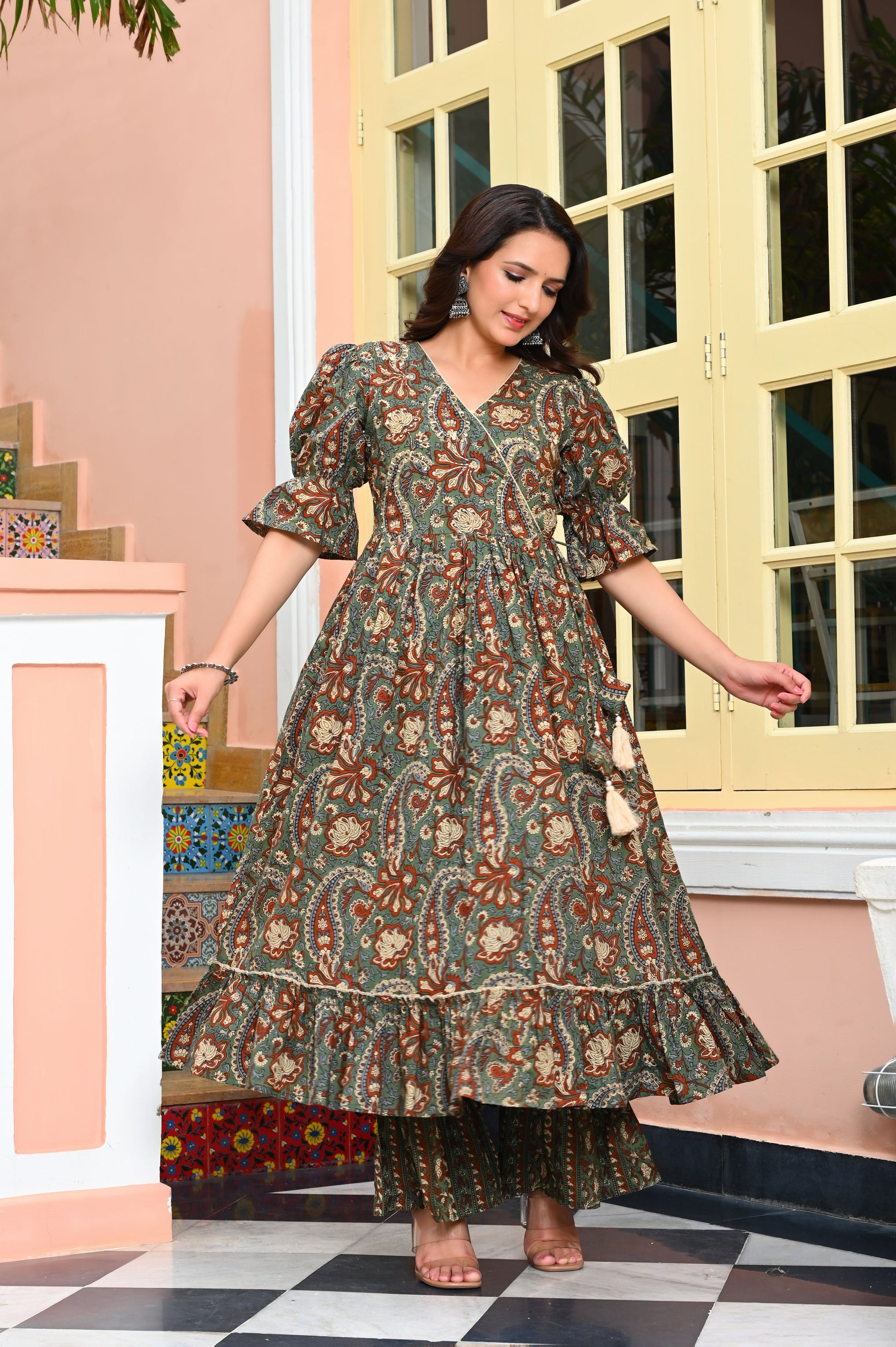 Hunter Green Floral Print with Heavy Adda Work Angrakha Style Cotton Kurta with Palazzo & Dupatta