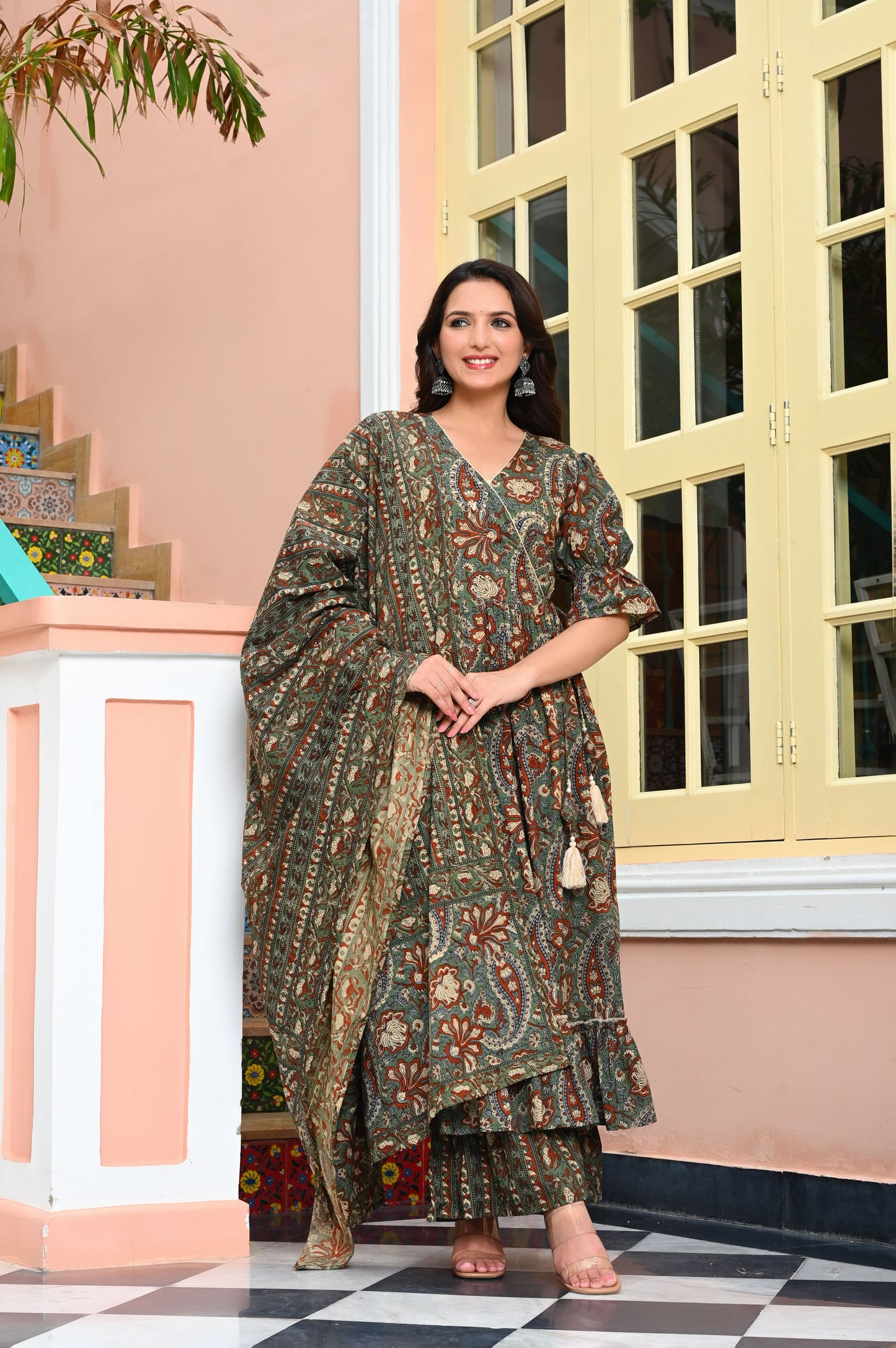 Hunter Green Floral Print with Heavy Adda Work Angrakha Style Cotton Kurta with Palazzo & Dupatta