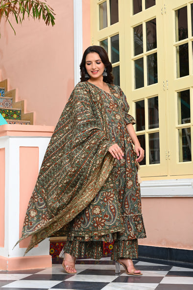 Hunter Green Floral Print with Heavy Adda Work Angrakha Style Cotton Kurta with Palazzo & Dupatta