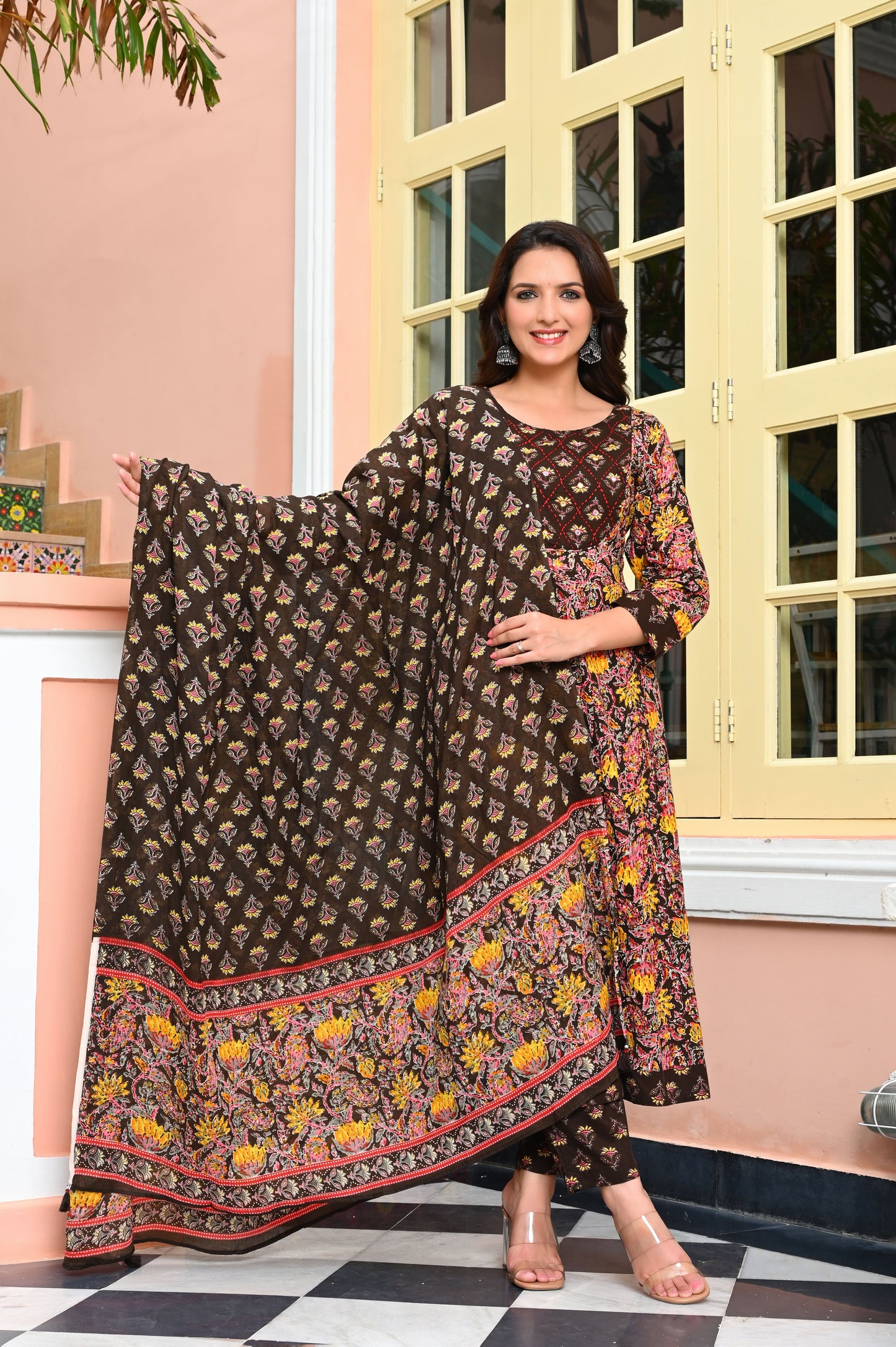 Brown & Yellow Floral Printed with Thread Work Cotton Anarkali Kurta with Trousers & Dupatta