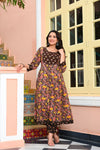 Brown & Yellow Floral Printed with Thread Work Cotton Anarkali Kurta with Trousers & Dupatta