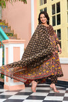 Brown & Yellow Floral Printed with Thread Work Cotton Anarkali Kurta with Trousers & Dupatta