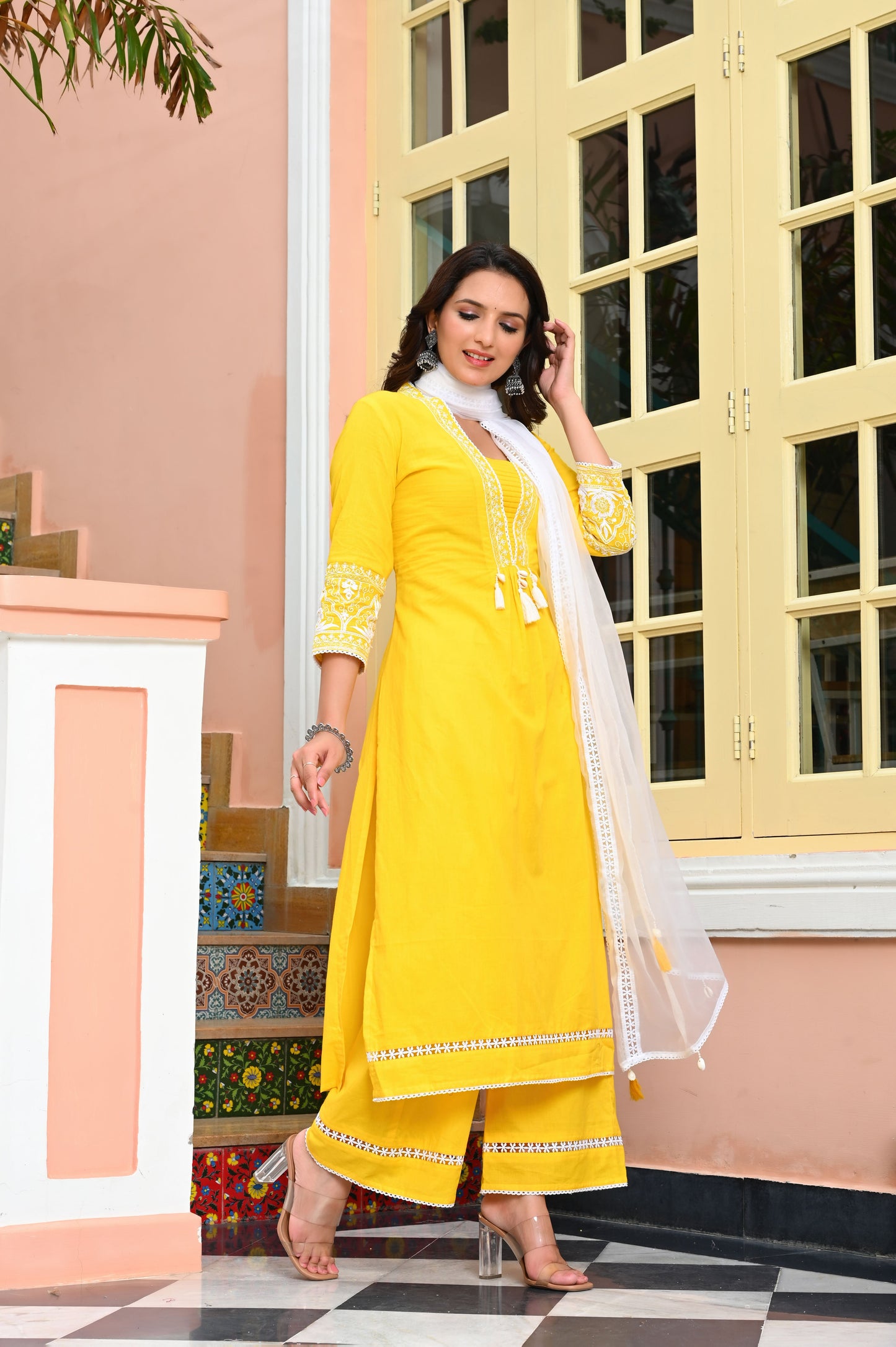 Charming Yellow Embroidered Pure Cotton Kurta with Palazzo & Organza Dupatta