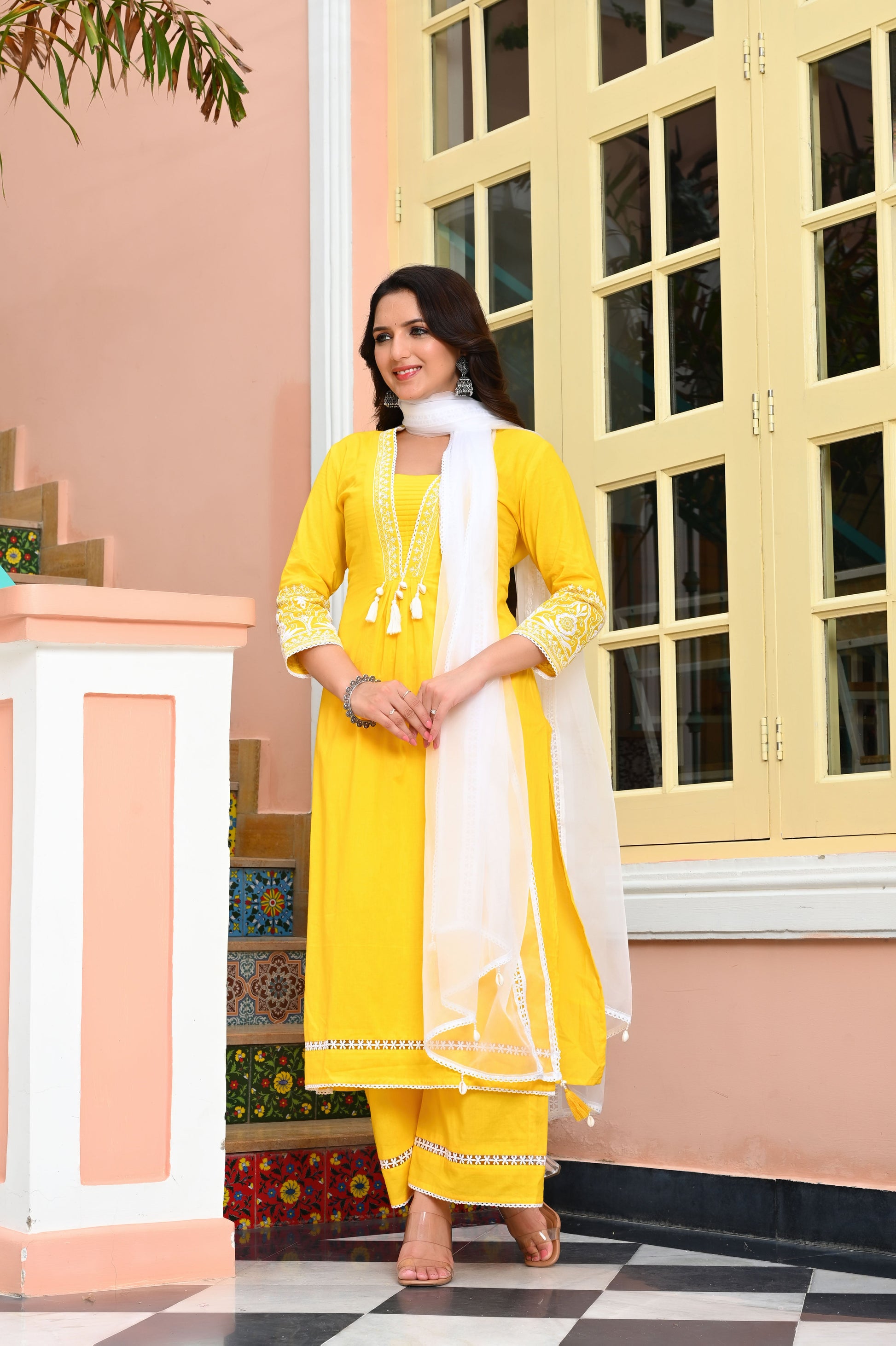 Charming Yellow Embroidered Pure Cotton Kurta with Palazzo & Organza Dupatta