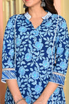 Aegean Blue Floral Printed Pure Cotton Kurta with Trousers & Mulmul Dupatta