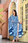 Aegean Blue Floral Printed Pure Cotton Kurta with Trousers & Mulmul Dupatta