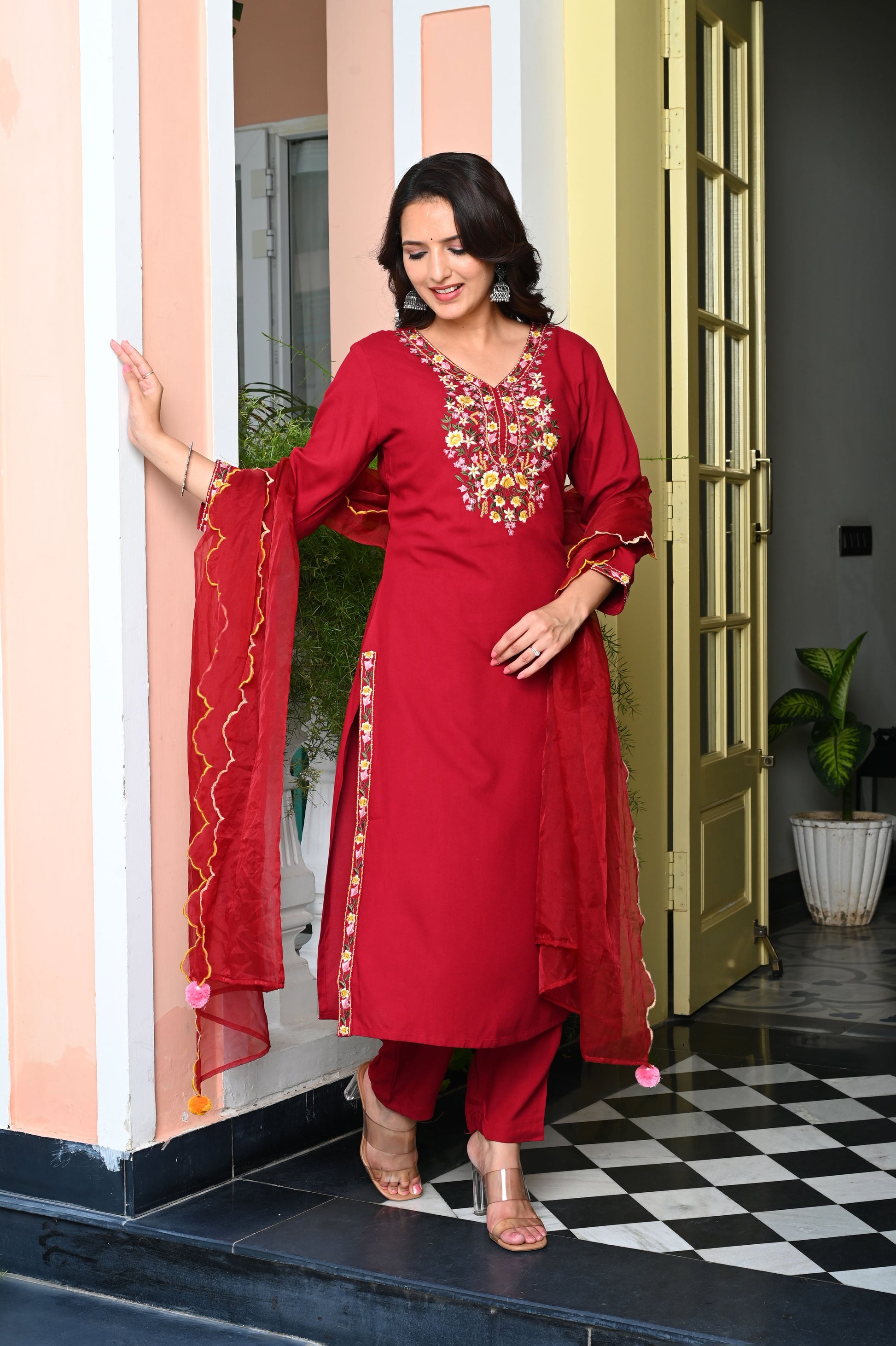 Red Heavy Floral Embroidered Rayon Kurta with Trousers & Organza Dupatta