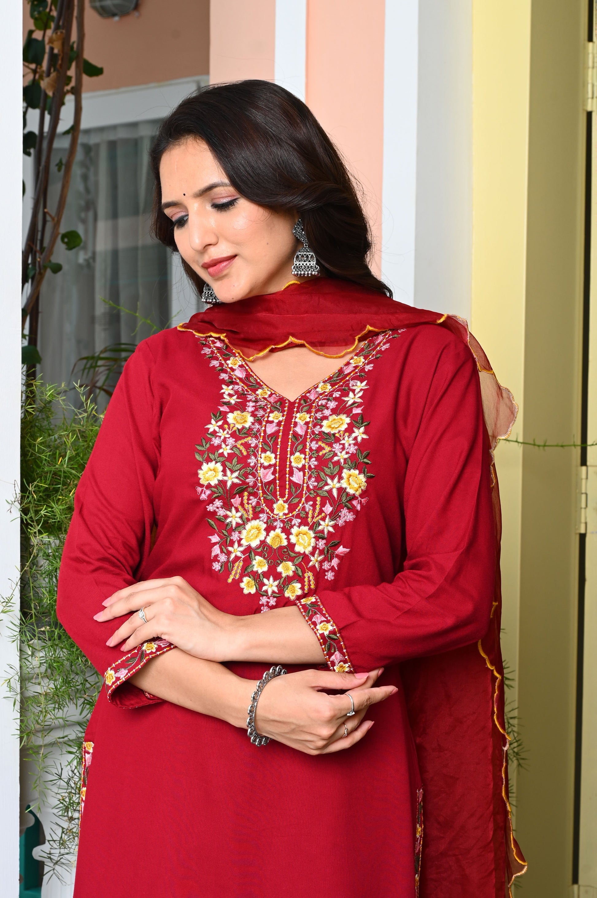 Red Heavy Floral Embroidered Rayon Kurta with Trousers & Organza Dupatta