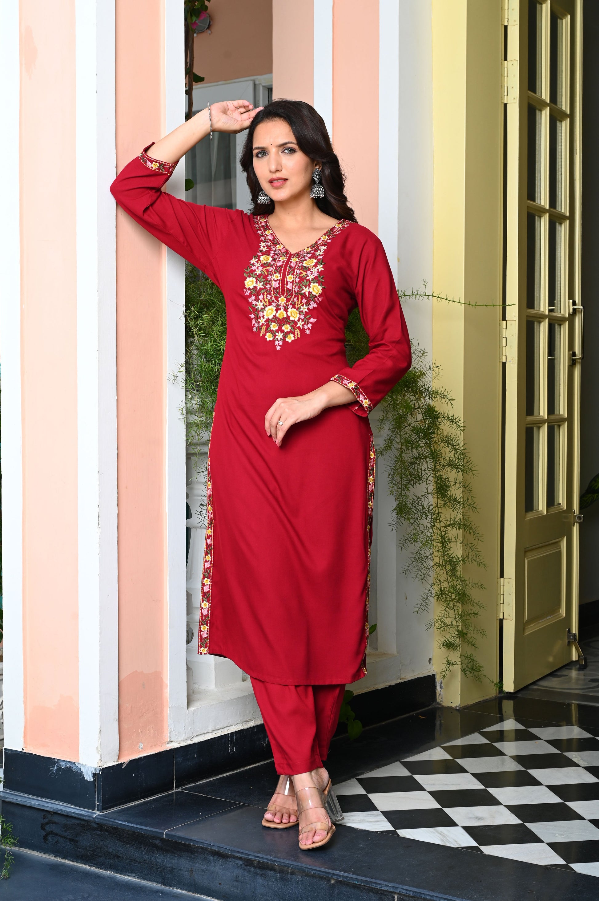 Red Heavy Floral Embroidered Rayon Kurta with Trousers & Organza Dupatta