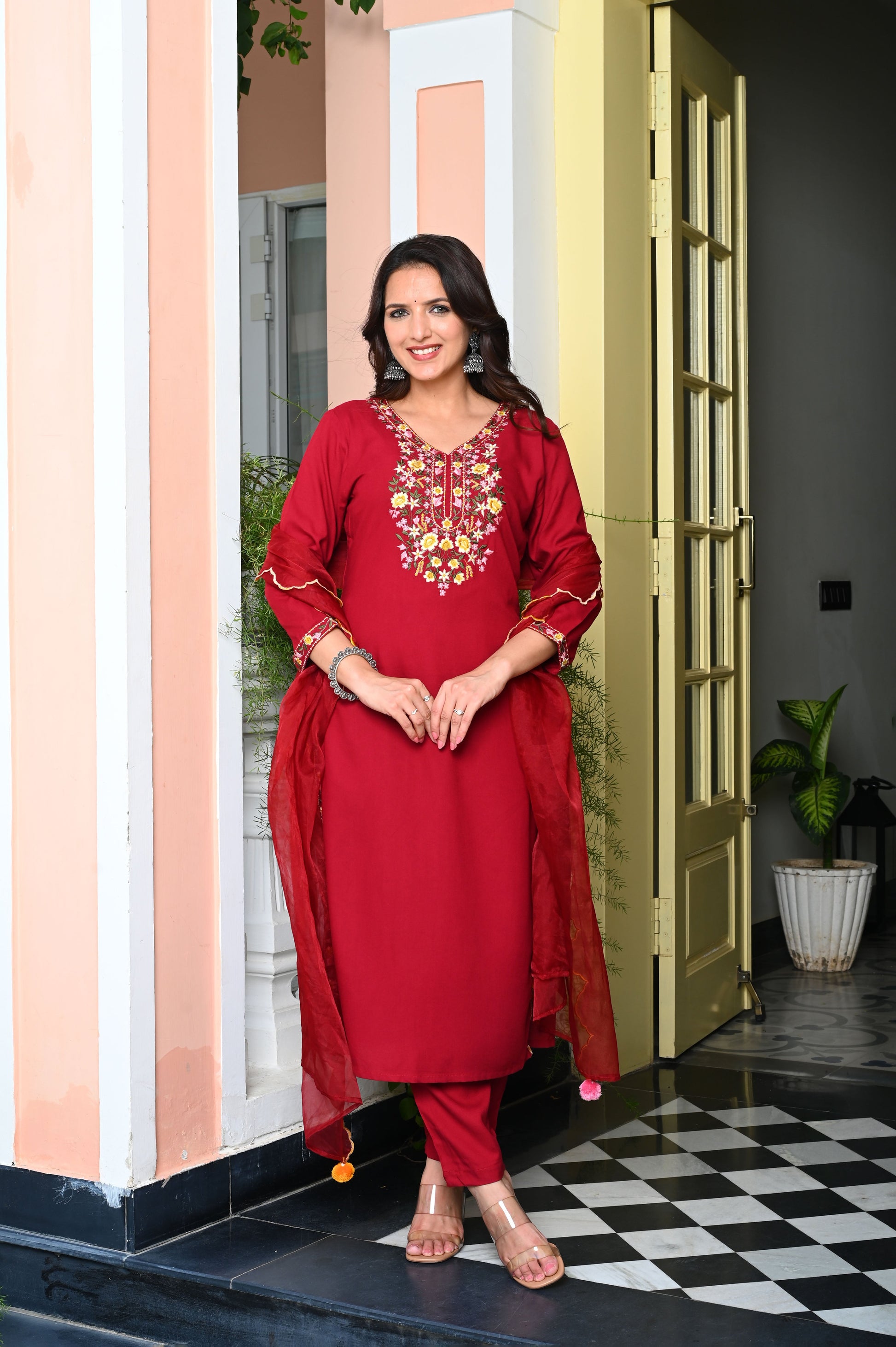 Red Heavy Floral Embroidered Rayon Kurta with Trousers & Organza Dupatta