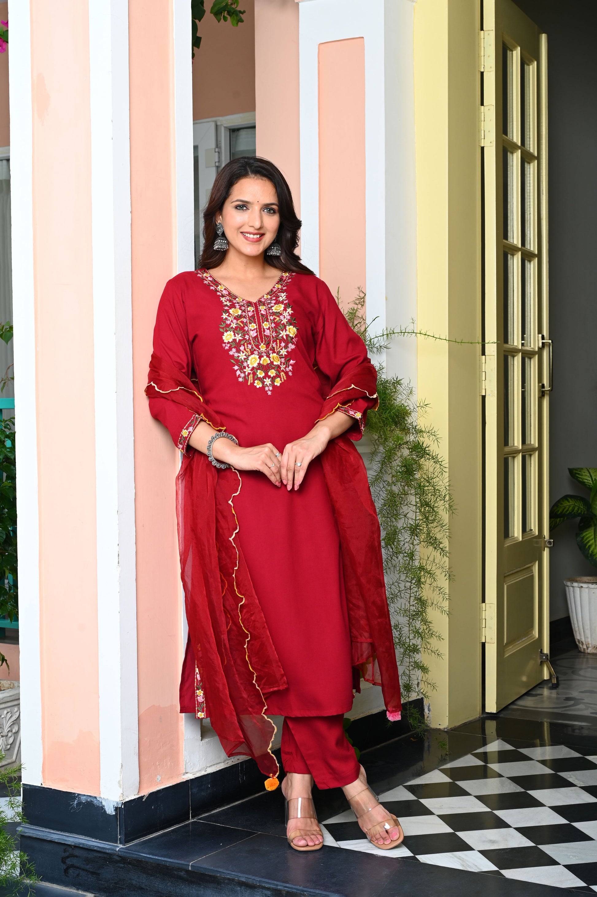 Red Heavy Floral Embroidered Rayon Kurta with Trousers & Organza Dupatta