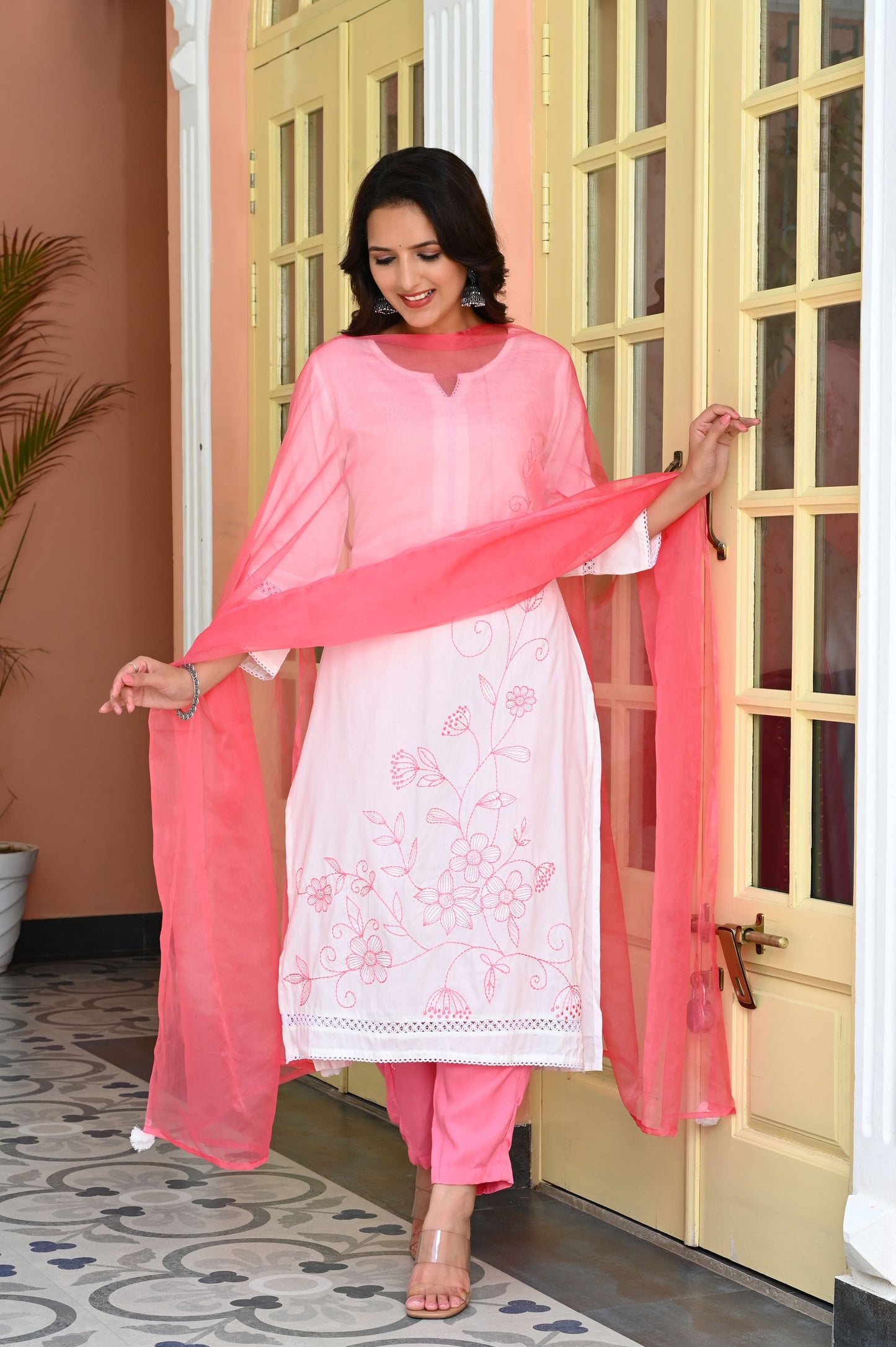 White & Rose Pink Floral Threak Work Rayon Kurta with Trousers & Organza Dupatta