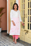 White & Rose Pink Floral Threak Work Rayon Kurta with Trousers & Organza Dupatta