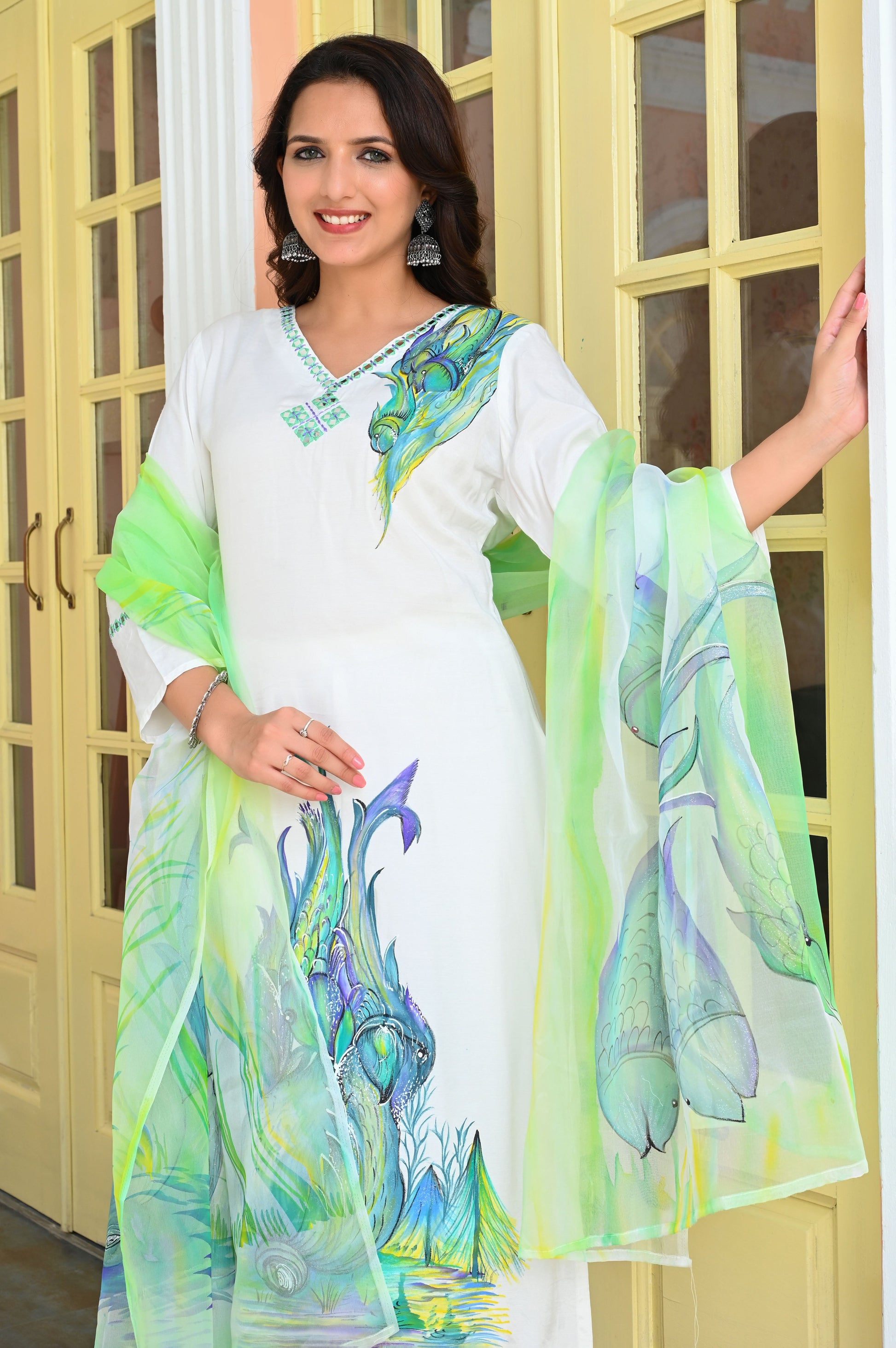 White & Seafoam Hand Painted Mirror Work Muslin Kurta with Trousers & Organza Dupatta