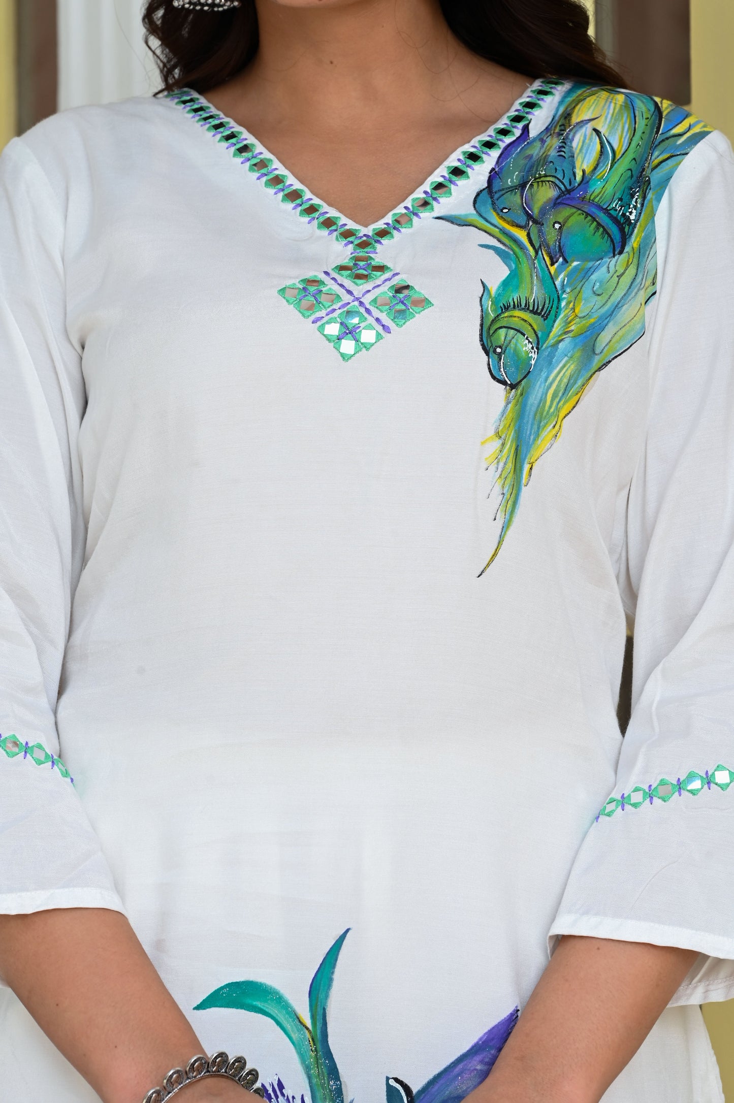 White & Seafoam Hand Painted Mirror Work Muslin Kurta with Trousers & Organza Dupatta