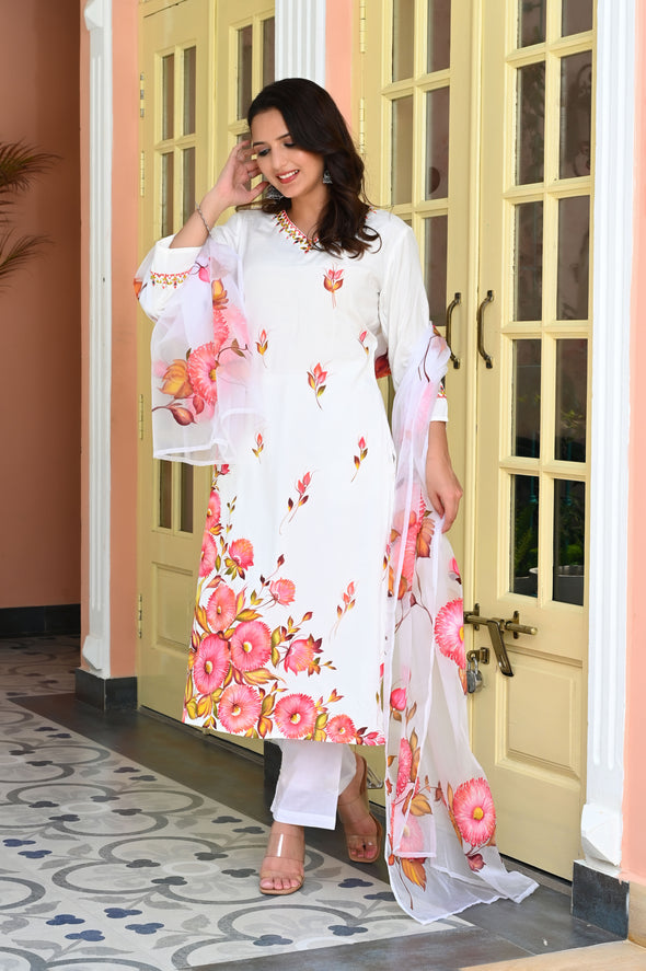 White & Peach Floral Hand Painted Mirror Work Muslin Kurta with Trousers & Organza Dupatta