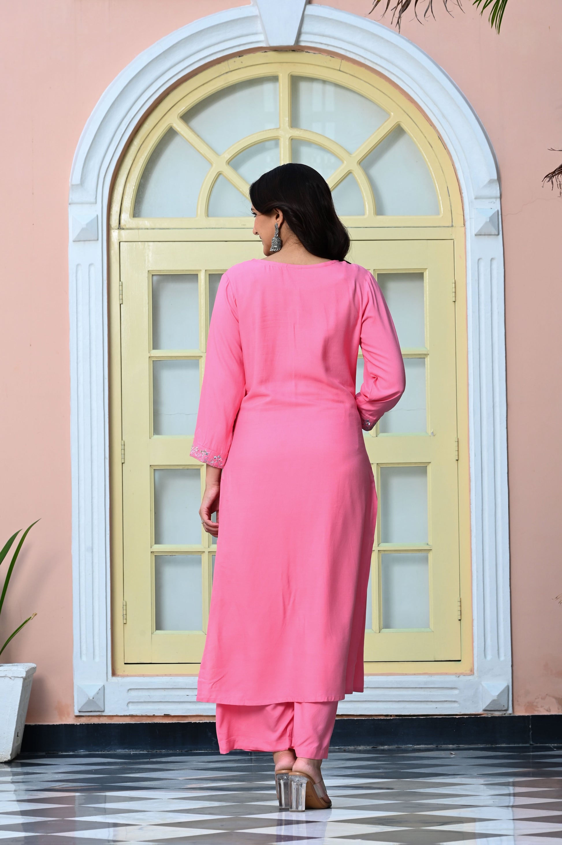 Taffy Pink Embroidered Mirror Work Rayon Kurta with Palazzo