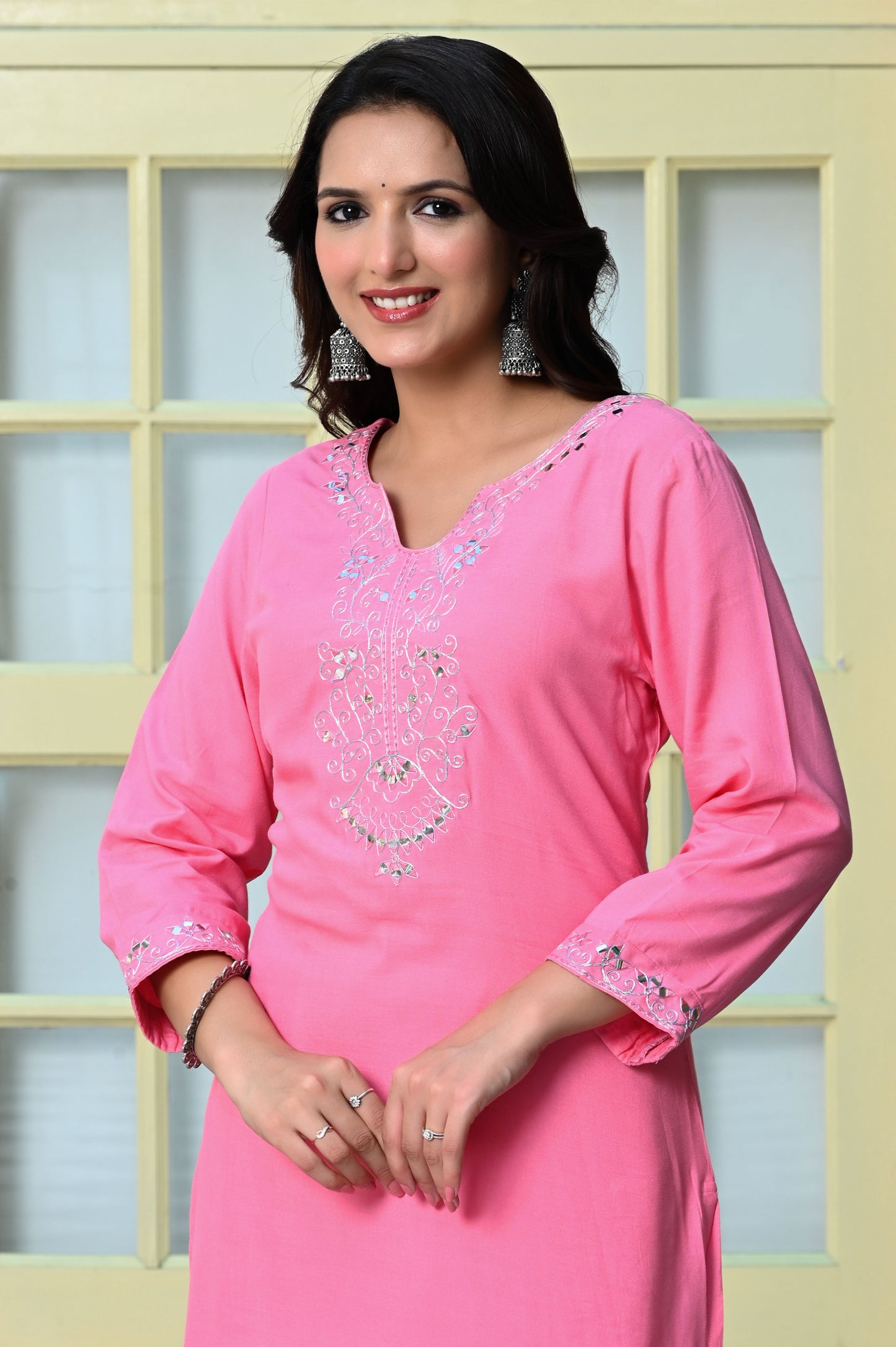 Taffy Pink Embroidered Mirror Work Rayon Kurta with Palazzo